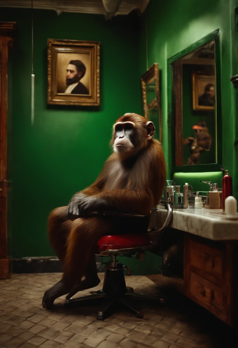 "Humanoid monkey hairdresser in his salon waiting for his clients" (realistic illustration) VERDE , VERMELHO