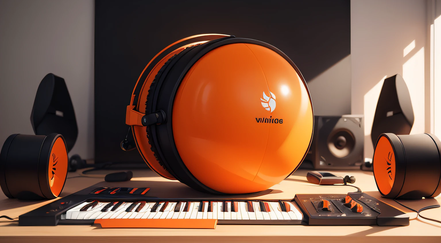 "Visualize Vibrancy and Music: A Large, Luscious Orange with a Striking Black-and-White Headphone Centerpiece, Set in a Spacious and Serene Studio."