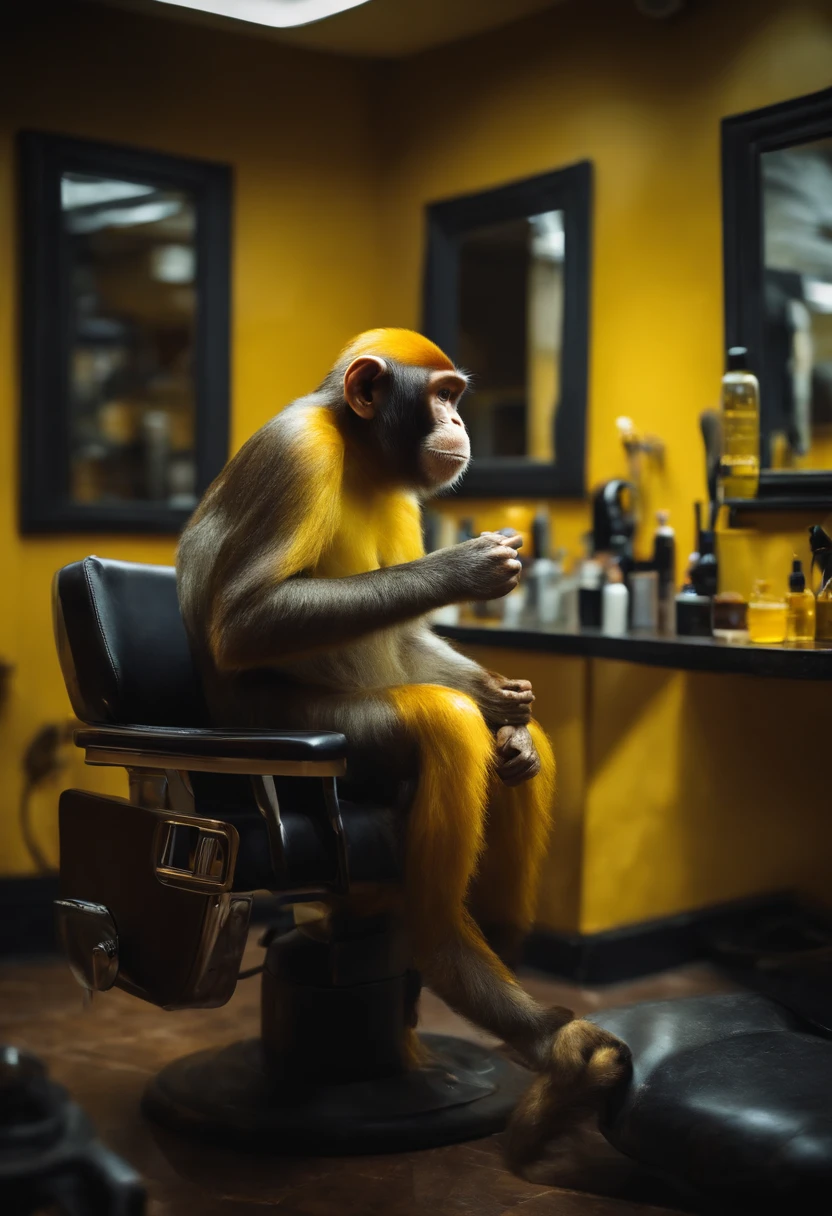"Humanoid monkey hairdresser in his salon waiting for his clients" AMARELO