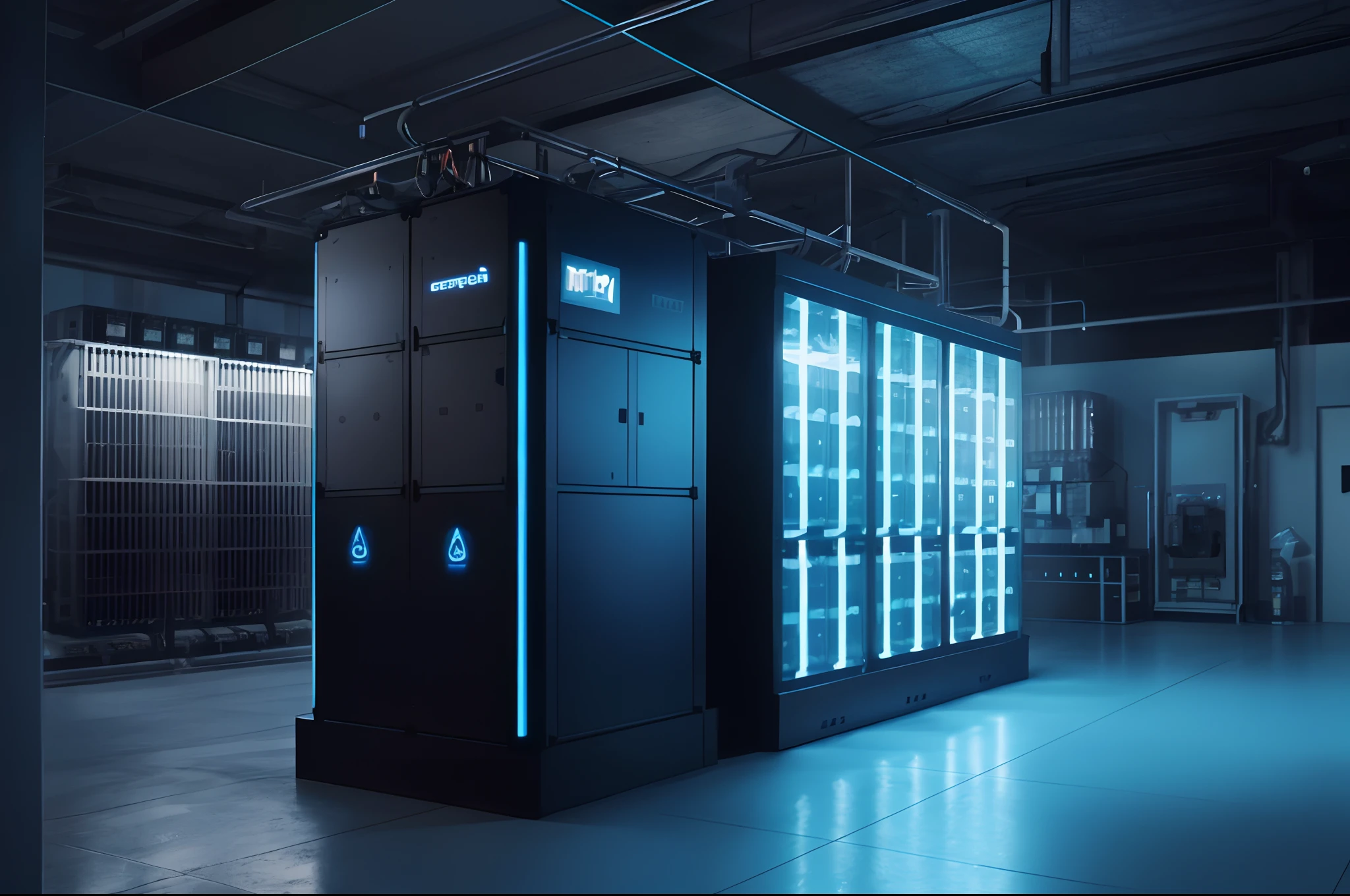 Large black machine in large room, water-cooled, Liquid cooling, supercomputer, in realistic data center, Water, optane render, watercore, mooniq priem, in detailed data center, Robots in the data center, hyperrealistic ”, hyperrealistic”, Robots in server rooms, unreal 5 engine highlly render, blueshift render