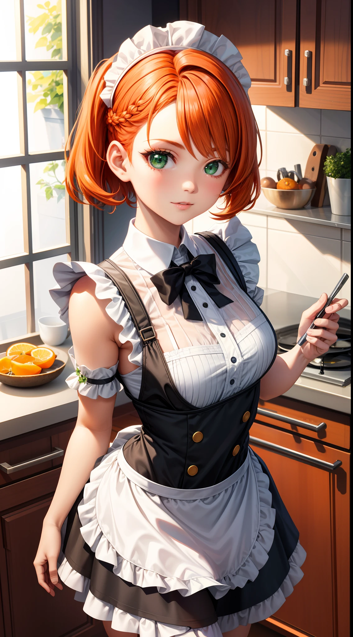 Hoshizora_rin,(beautiful detailed eyes), (best quality), (ultra-detailed), (masterpiece), solo, (dynamic pose), 1 girl, green wavy hair in the kitchen, ((apron)), medium breasts, open legs, sexual arousal, sexual expression, shiny skin., tight abs, (camel toe), (black stockings), (no panties), (no bra),cat_emoji, short hair