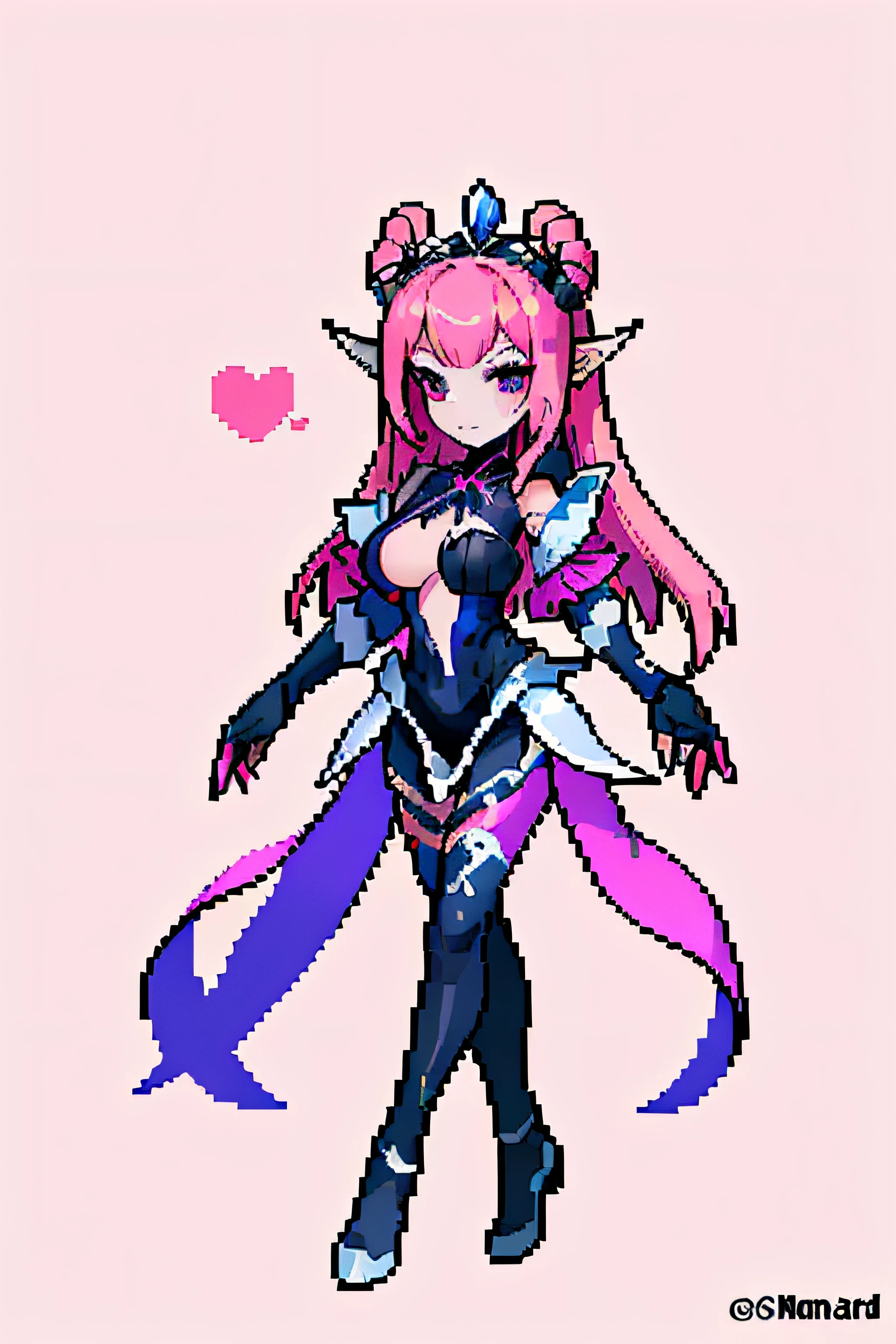 selena /(mobile legend/), mobile legend. cleavage, (masterpiece, top quality, best quality), pixel, pixel art, 1girl, full body, use abbysal worm, pink hair, dark elf