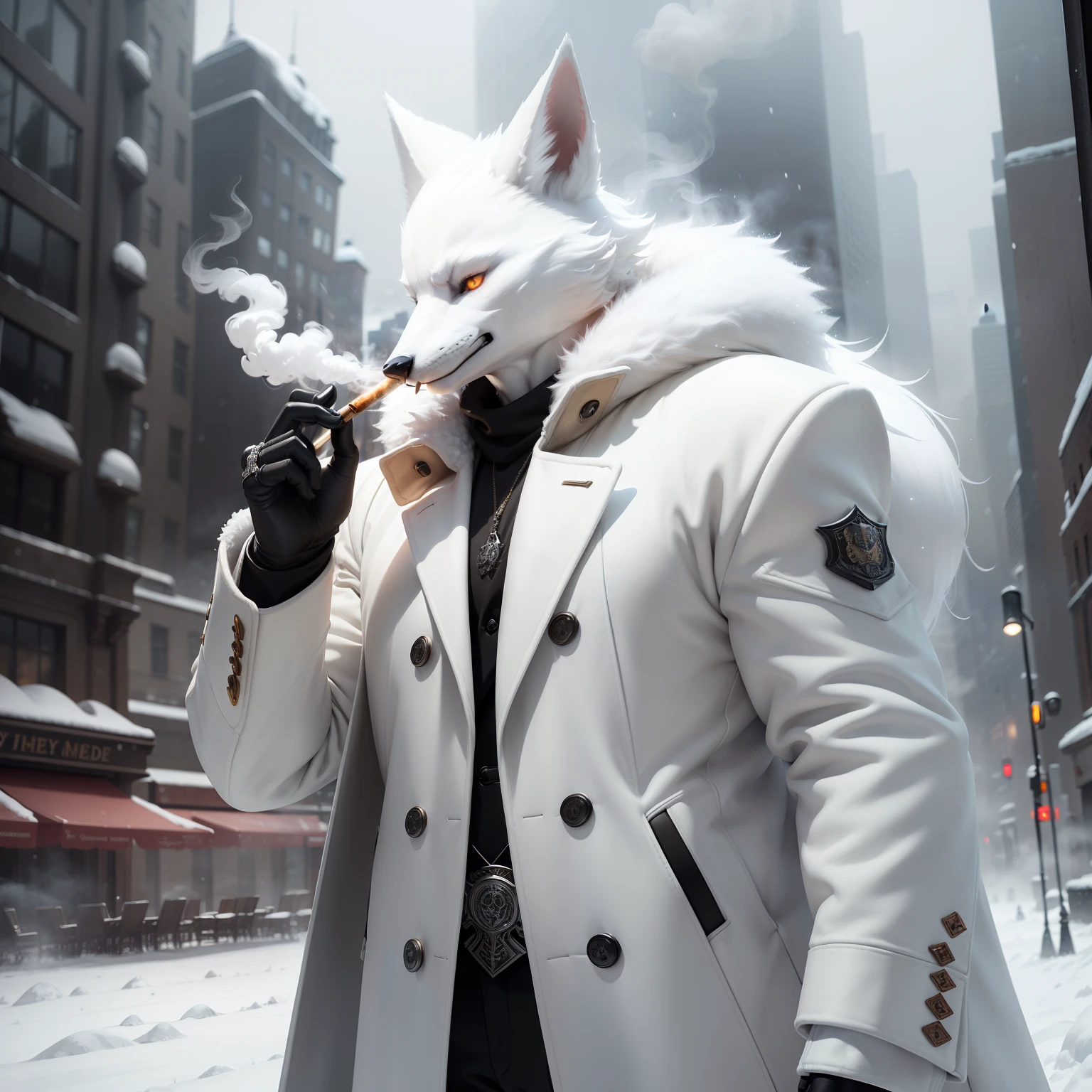((realistic)), ((detailed)), illustration, scene perspective (urban setting), character appearance (white fur fox-headed and humanoid body wearing a sleek overcoat, and rings while smoking a cigar amidst a snowy morning with an imposing air), background elements (Snowfield in winter).