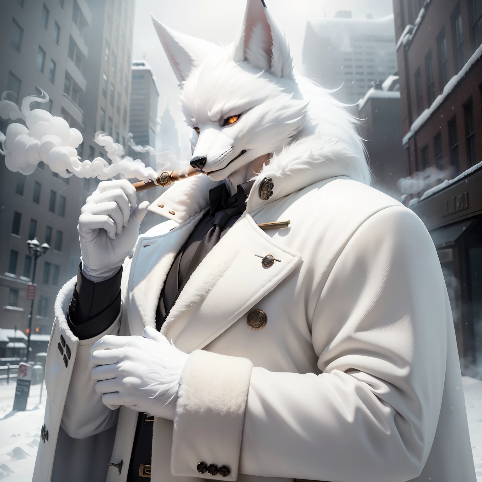 ((realistic)), ((detailed)), illustration, scene perspective (urban setting), character appearance (white fur fox-headed and humanoid body wearing a sleek overcoat, and rings while smoking a cigar amidst a snowy morning with an imposing air), background elements (Snowfield in winter).