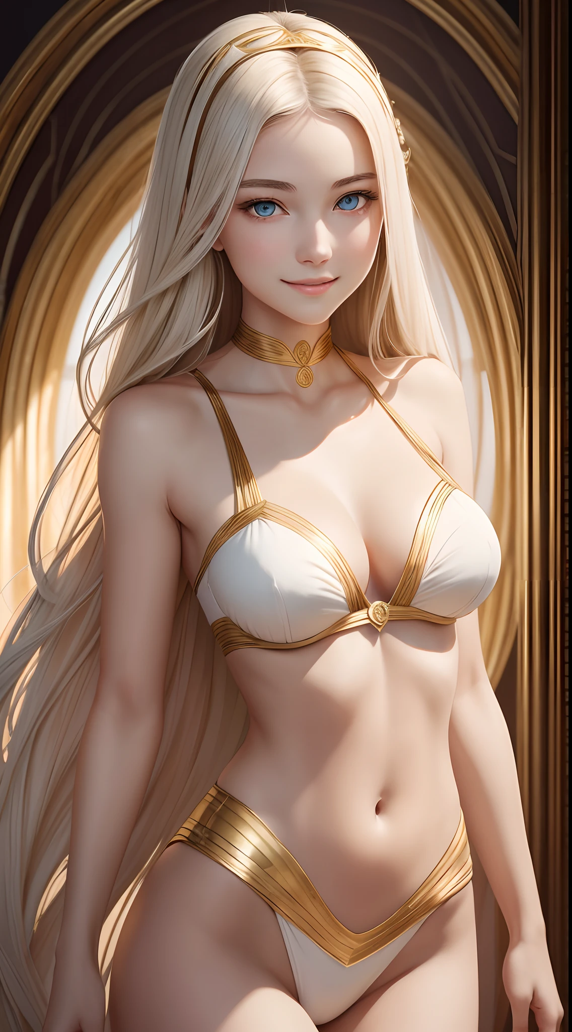 An exquisite full body illustration of a 20 year old woman with a golden ratio face, perfect body, and a cheerful expression, rendered in 8K resolution with a super fine level of detail, centered in the frame, and delicately detailed white skin with perfectly beautiful eyes gazing out.