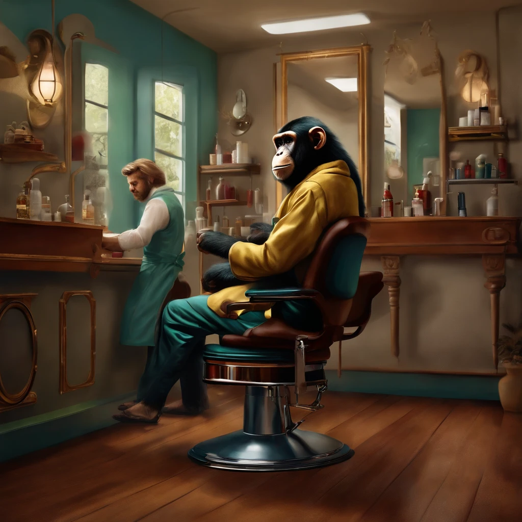 "Humanoid monkey hairdresser in his salon waiting for his clients" (realistic illustration)