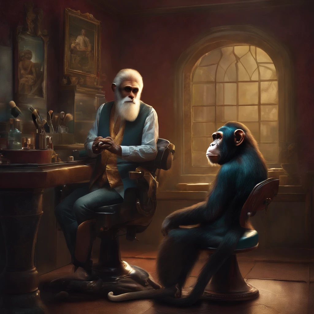 "Humanoid monkey hairdresser in his salon waiting for his clients" (realistic illustration)