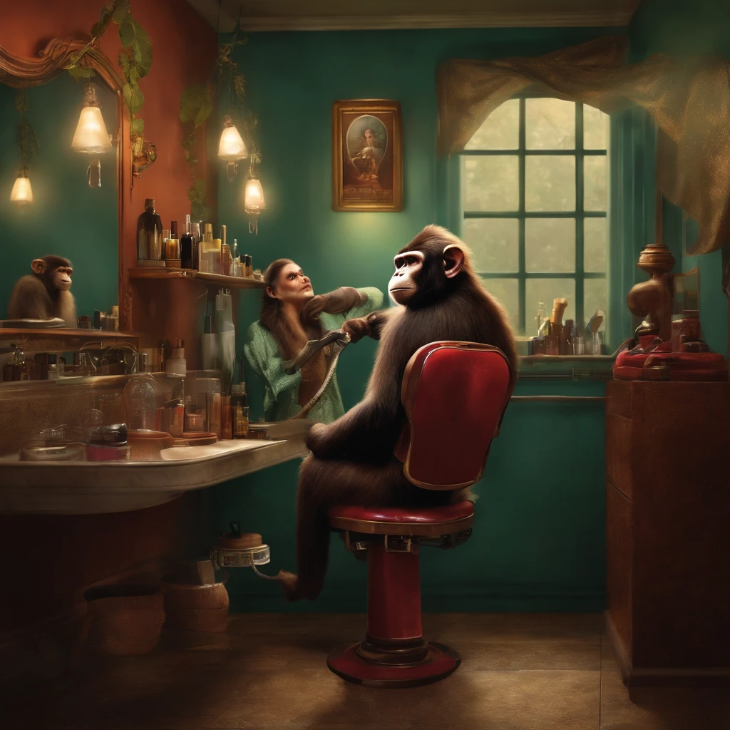 "Humanoid monkey hairdresser in his salon waiting for his clients" (realistic illustration)