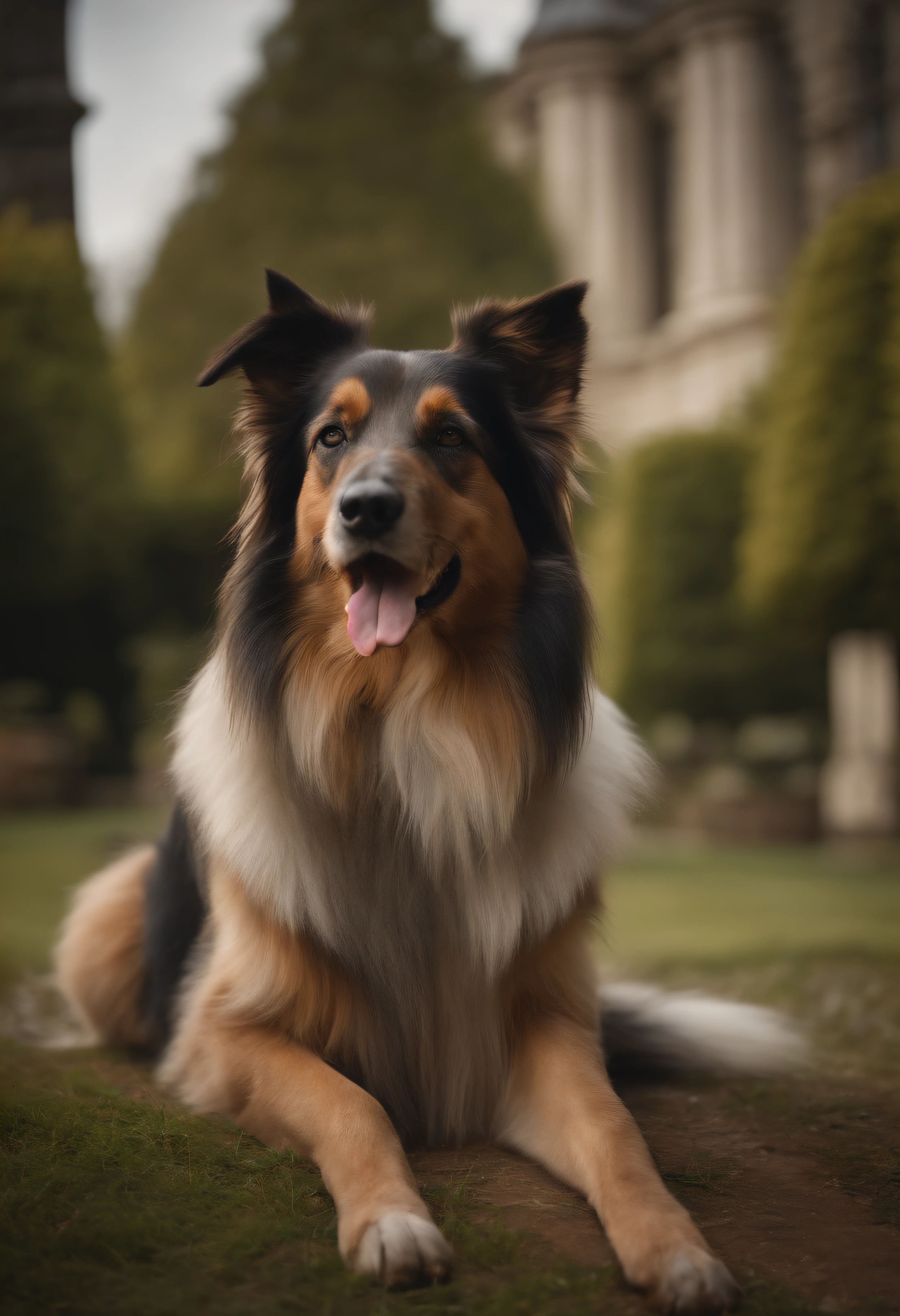 there is a dog that is standing in a baroque palace garden half dog, aussie, canine, nag, extremely handsome, regal pose, adult dog, long wavy fur, 2 years old, portrait image, border collie, fluffy ears and a long, mid shot portrait, large portrait, happy dog, medium breed, ultra realistic, high details, high definition