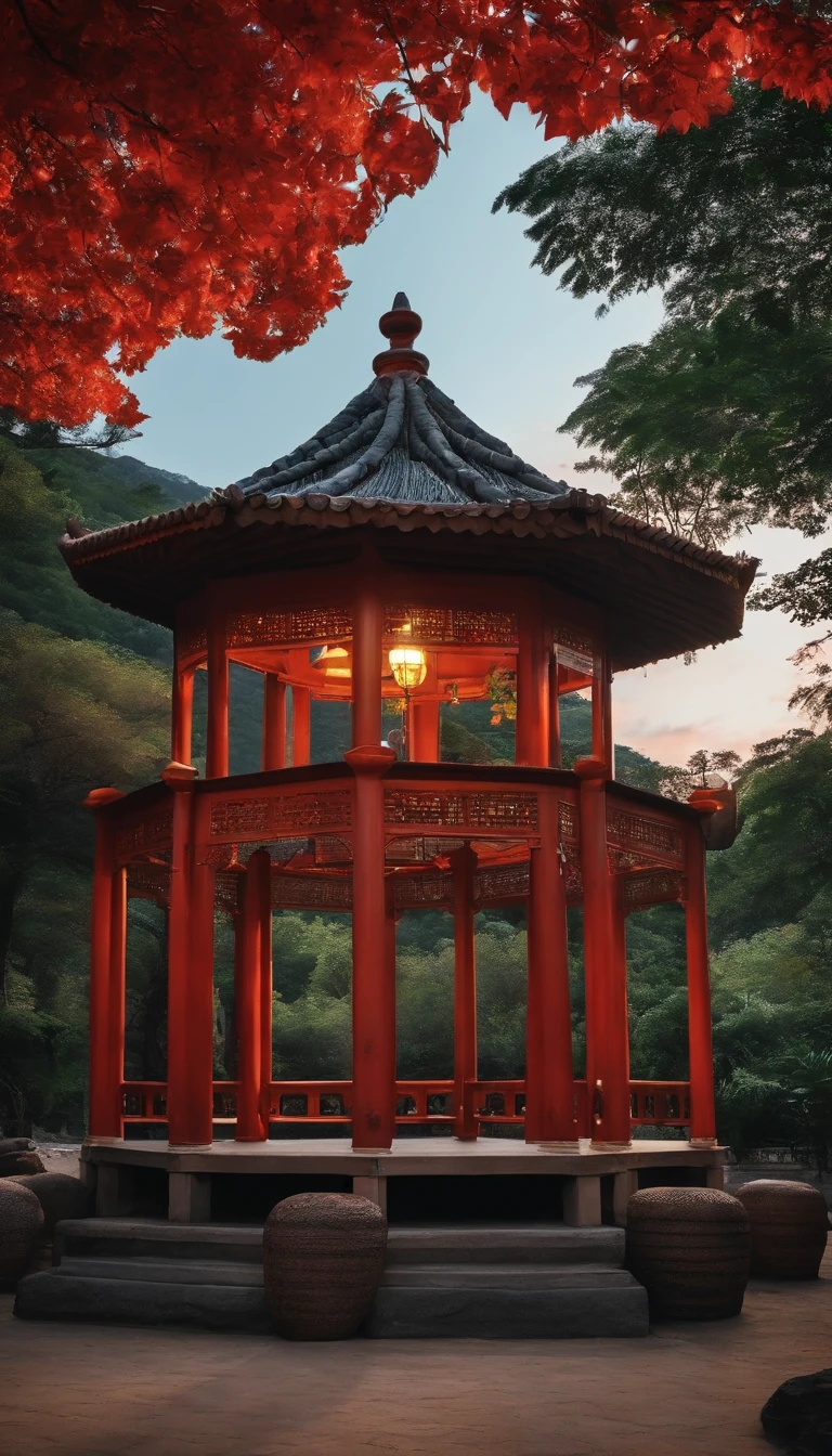 gazebo，SakuraNS，themoon，Kongming Lantern，Ancient architecture，flod，a person