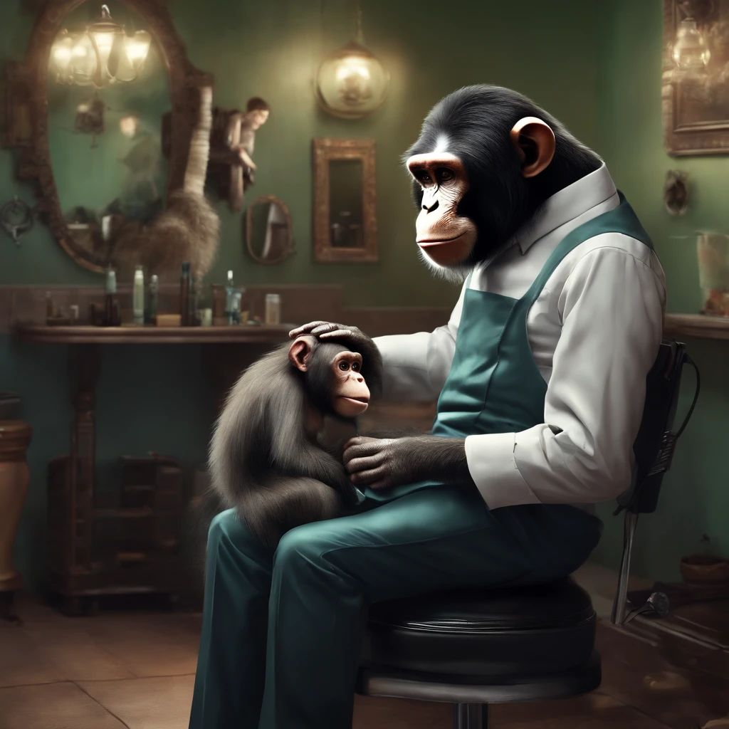 "Humanoid monkey hairdresser in his salon waiting for his clients" (realistic illustration) BRANCO