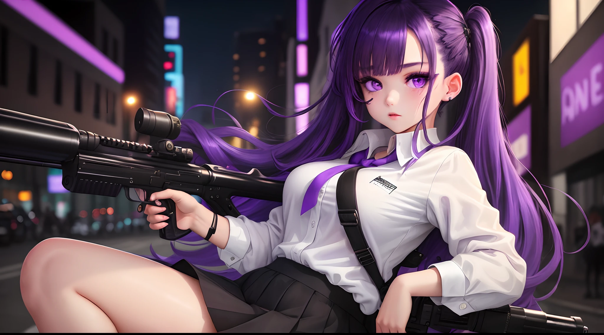 one girl, wearing a white shirt and black skirt, purple hair, purple eyes, night city, girl with shotgun, best quality, looking at the viewer,