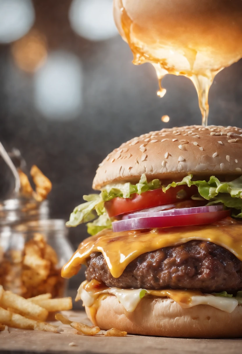 A burger falling in pieces juicy, tasty, hot, promotional photo, intricate details, hdr, cinematic, adobe lightroom, highly detailed