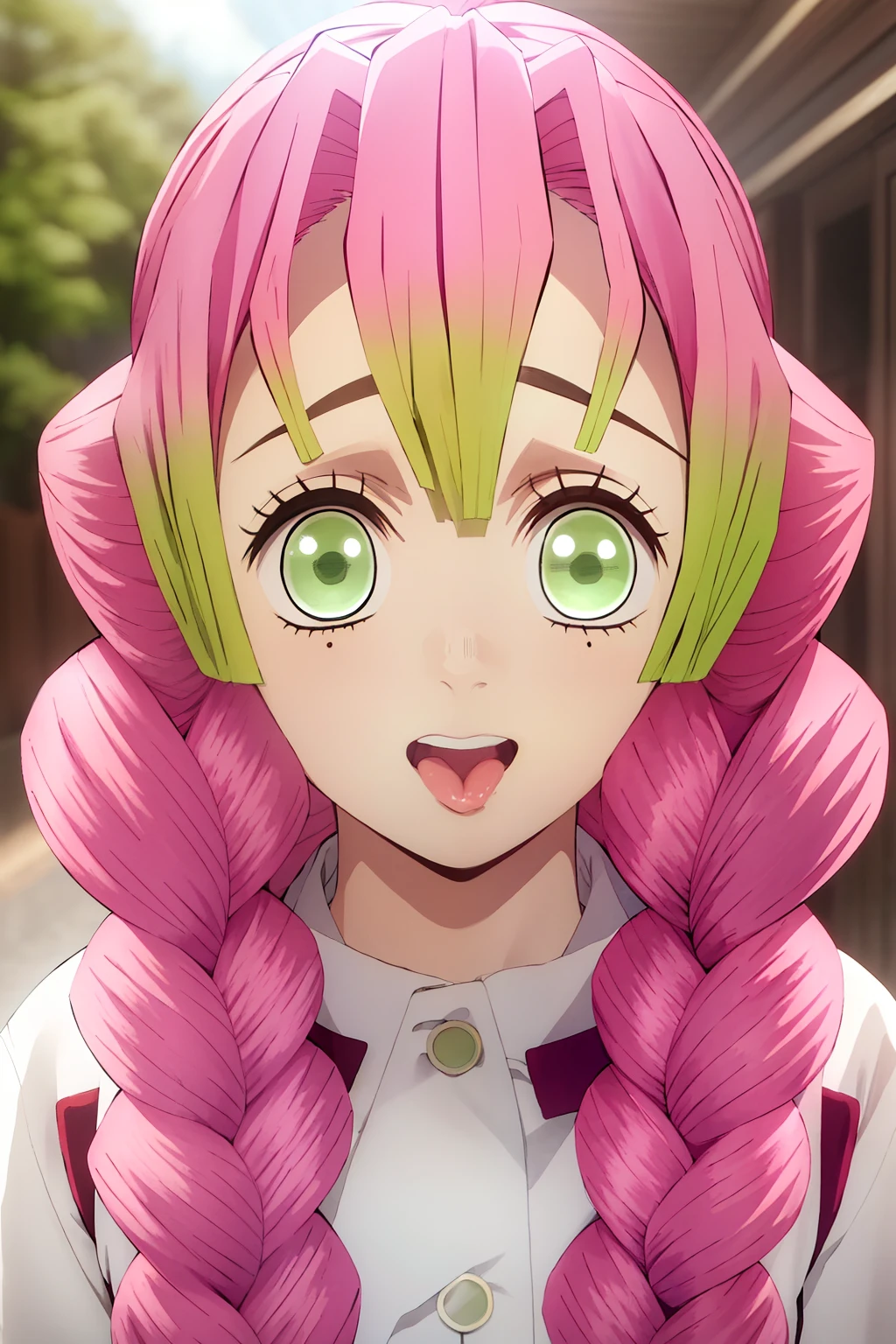 girl1、Kanrojimitsuri A pink-haired、Green hair Green eyes、At the back of the throat、in mouth Acme face、panting、AHE Face、put out the tongue、droolng、Saliva Faces close、Face Close-up、Looking here