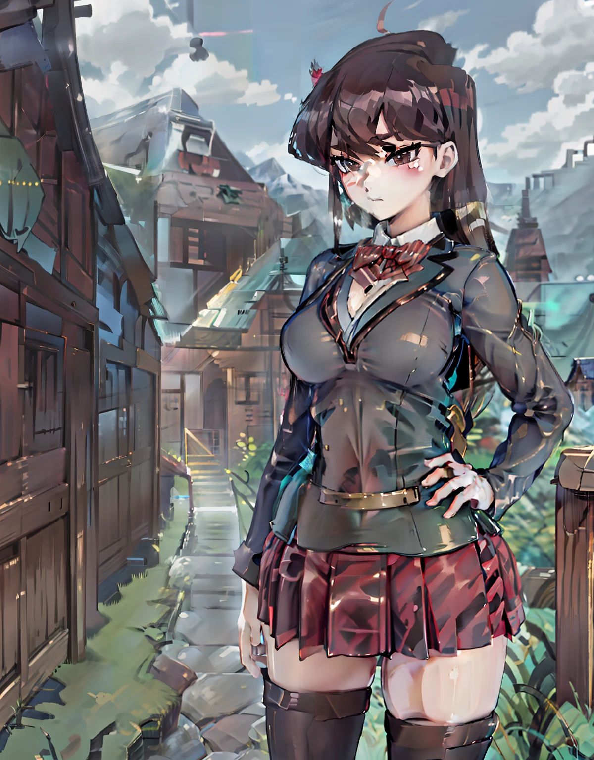 anime, Komi san, Minecraft style, seductive facial expression, cute, sexy pose, shoulder cut dress, cleavage cut dress, abs cut dress, midriff cut dress, medium large boobs, slim waist, thick thighs, thigh highs, blur backgroud, background is a forest with mountains and a waterfall.