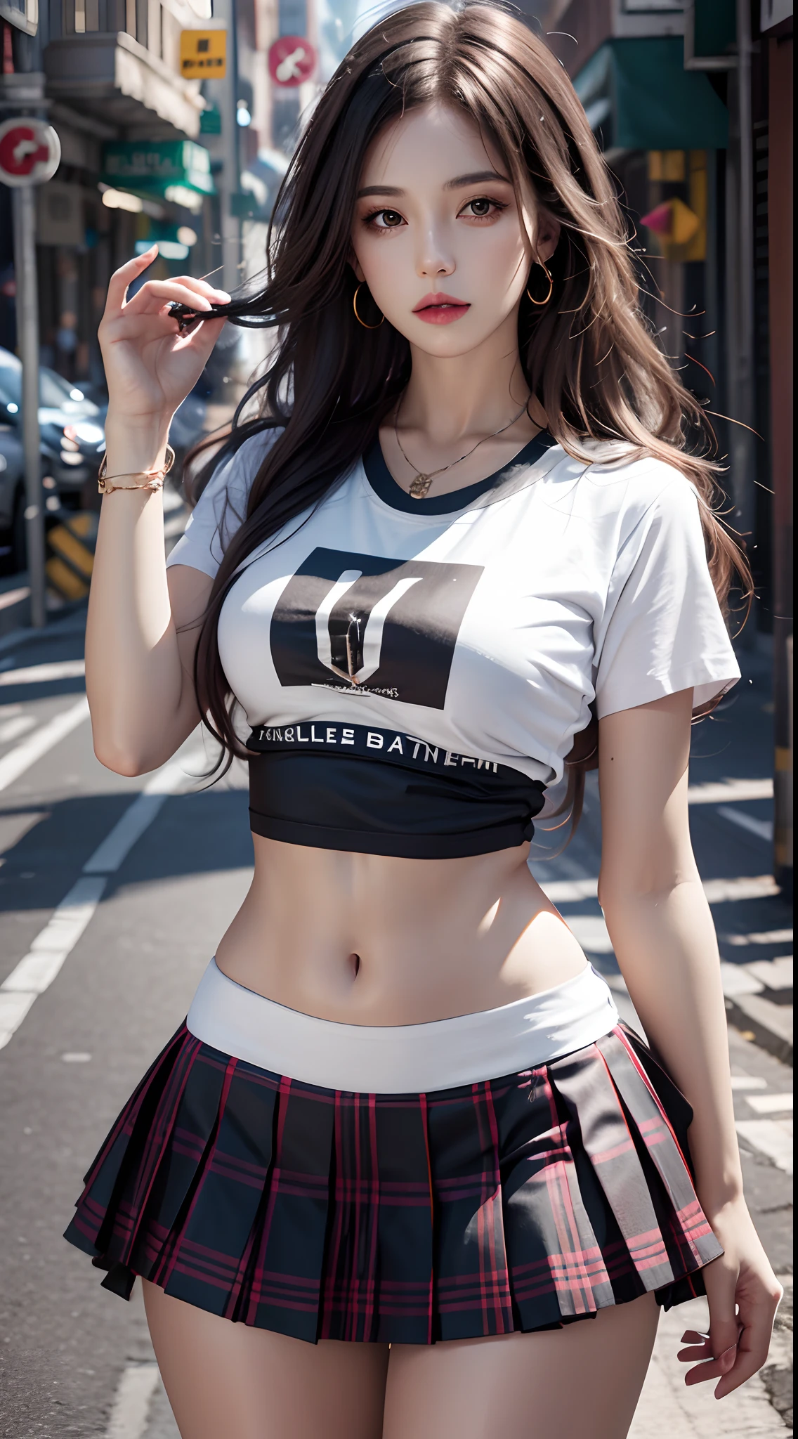 photorealistic, high resolution, 1women, mature female, solo, hips up, jewelry, wavy hair, long hair, street wear, t-shirt, skirt