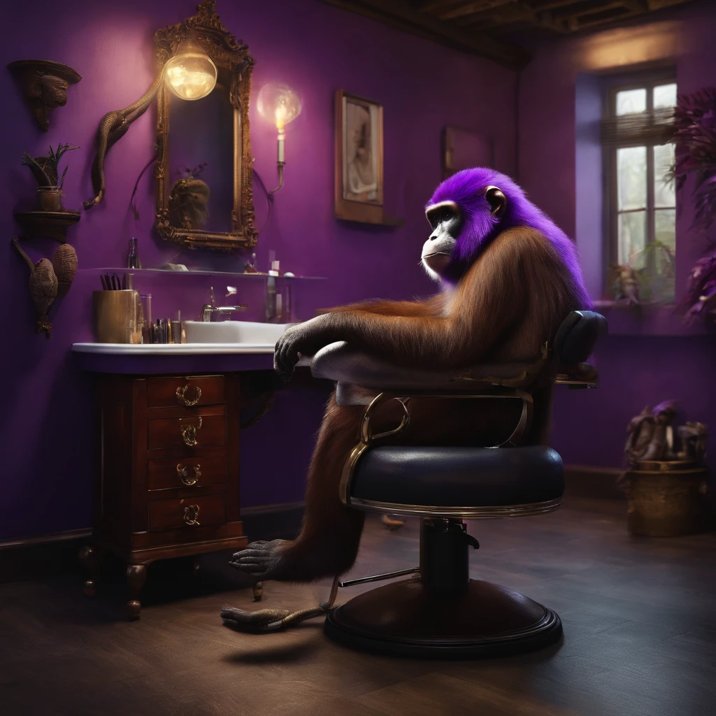 "Humanoid monkey hairdresser in his salon waiting for his clients" (realistic illustration) VIOLETA