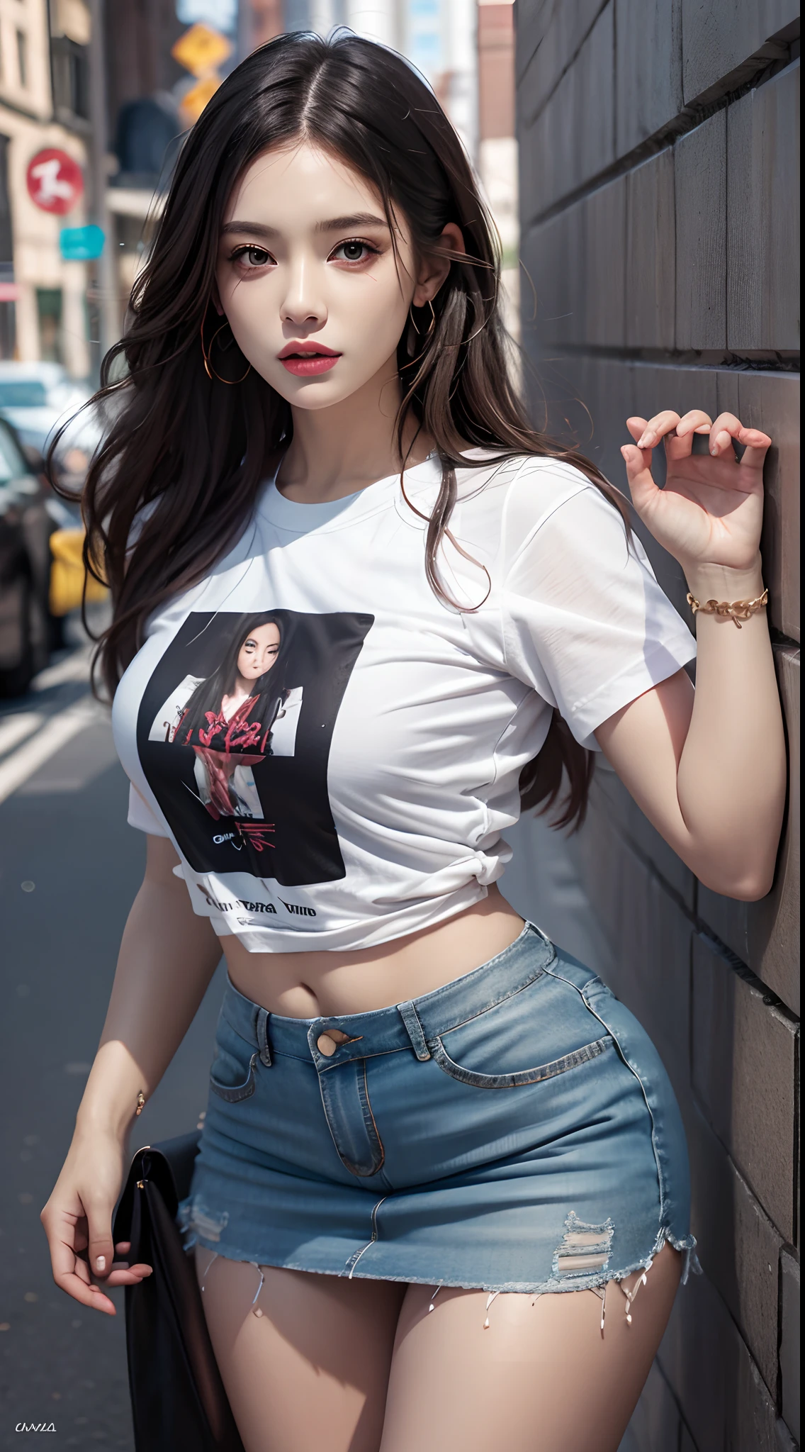 photorealistic, high resolution, 1women, mature female, solo, hips up, jewelry, wavy hair, long hair, street wear, t-shirt, skirt