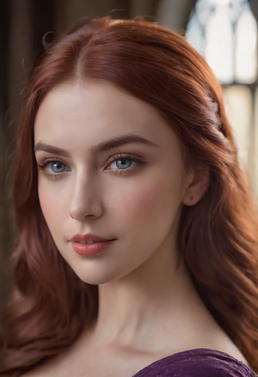 Realistic photo, a realistic photo of 30yo adult medieval woman queen wearing a purple dress, red hair, club, blue eyes, perfect nose, round face, straight eyebrow,(1girl), (extremely detailed CG unity 8k wallpaper), photo of the most beautiful artwork in the world, professional majestic, (big-breasted:1.6) (photography by Steve McCurry), 8k uhd, dslr, soft lighting, high quality, film grain, Fujifilm XT3 sharp focus, f 5.6, High Detail, Sharp focus, dramatic, (looking at viewer:1.2), (detailed pupils:1.3), (natural light),full body.