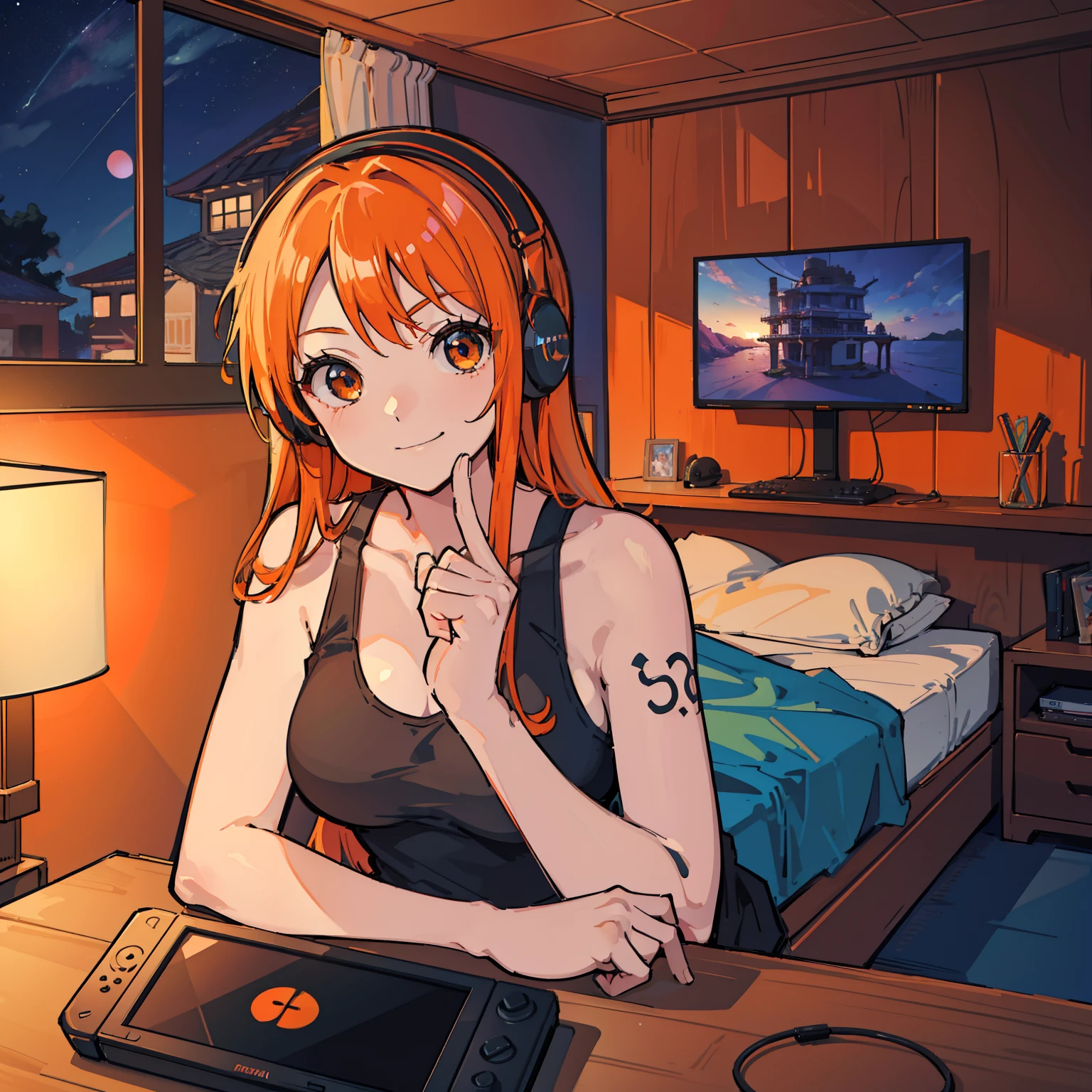 masutepiece, Fine detail, 4K, 8K, 12K, Solo, Solo, Beautiful Girl, caucasian female, Nami of one piece, Orange hair, Long hair, Game Controller, Indoors, Room, Own room, a computer, Playing games, headphones, Tank top,A smile、 nigh sky