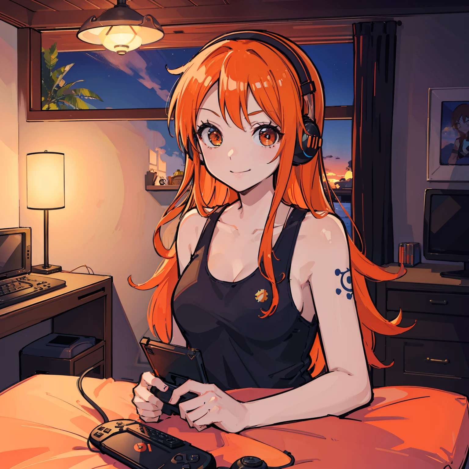masutepiece, Fine detail, 4K, 8K, 12K, Solo, Solo, Beautiful Girl, caucasian female, Nami of one piece, Orange hair, room wear, a computer, headphones, Game Controller, Own room, Indoors