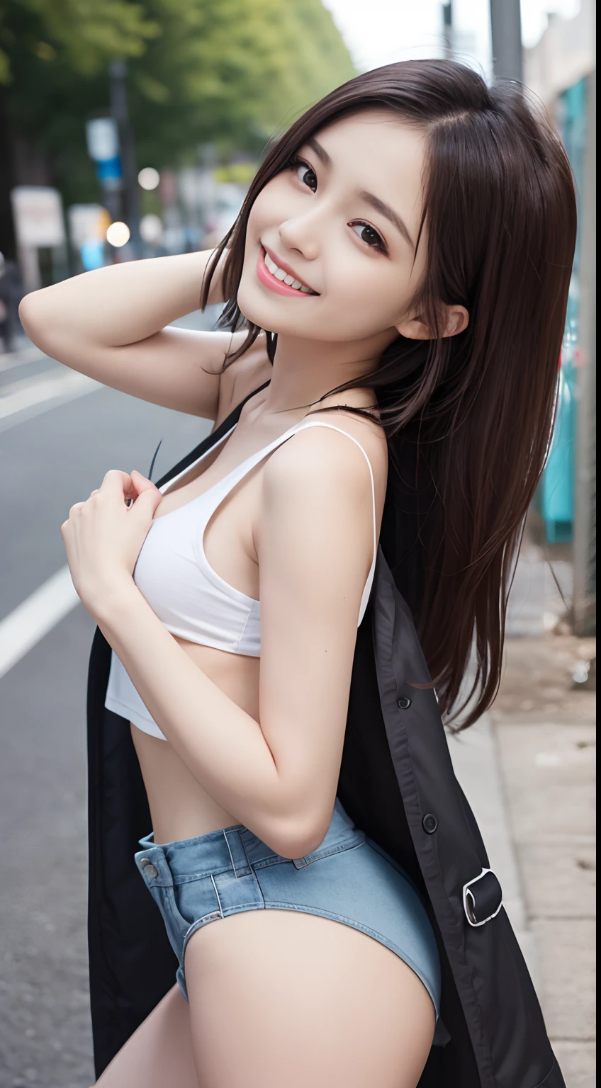 The 8k quality、Top image quality、超A high resolution、​masterpiece、Photorealsitic、Raw photography、超A high resolution、21-year-old Korean、small tits、Dynamic angles、Cowboy Shots、smil、Laugh、The most beautiful forms chaos、elegent、Brutalist design、Vibrant colors、a short bob、smil、shiny white skin、Beautiful eyes with random colors、very thin lips、Beautiful eyes in every detail、Beautiful double eyelids、light chestnut hair、a park、Daytime outdoor、Overall、Black crop top、parka、hotpants、shot from a side angle、