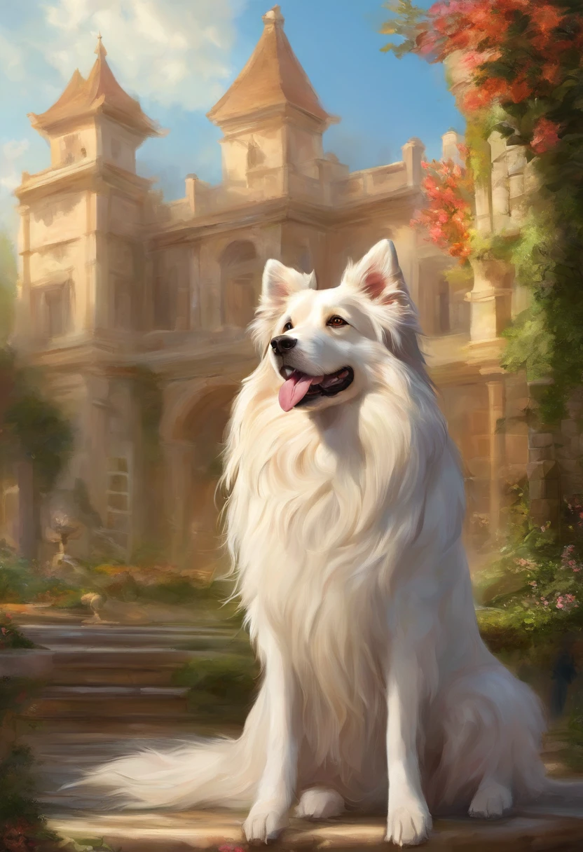 there is a dog that is standing in a baroque palace garden half dog, aussie, canine, nag, extremely handsome, regal pose, adult dog, long wavy fur, 2 years old, portrait image, border collie, fluffy ears and a long, mid shot portrait, large portrait, happy dog, medium breed, ultra realistic, high details, high definition