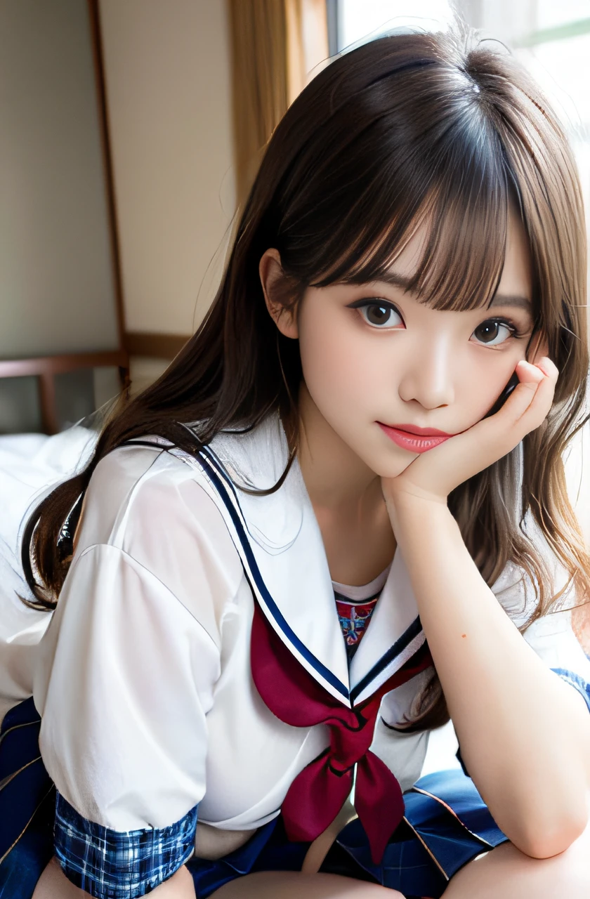 (One Girl), ((Very cute face)), Great face and eyes, (Highly detailed eyes, Highly detailed face), Fresh, Very beautiful appearance, (Ultra-realistic, High resolution), (highest quality:1.4), RAW Photos, (Realistic, Realistic:1.37), Professional photography , (Wet and see-through sailor uniform:1.1) , Smile a little, (look at me) , Portrait of a Girl , (gigantic breasts:1.3) , (((15 years old))) , ((junior high school student)), (light brown short hair:0.9) , (wavy hair:1.3) , (Nipples visible through sailor uniform:1.3) , (Pussy juice:1.3) , (Please tilt your head a little) , Perfect nipples , ((Nipples are light pink )) , ((light pink areola)) , (selfie), (The man is licking her nipples:1.4) , (sweating cleavage:1.2) , (cum on her breasts ) , (small nipples) , ( one hairpin ) , (upper body) , (lying down on the bed:1.3) , (young face:1.3) , (little girl:1.3) , (sleep on your back:1.3) , (young face:1.3)