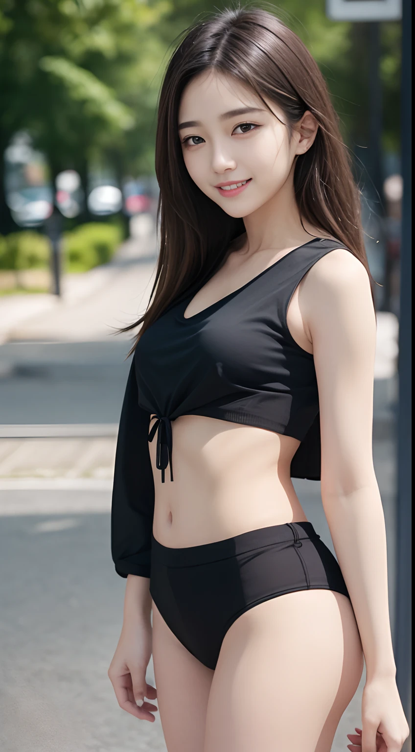 4k ultra hd, masterpiece, best quality, a girl, sports girl, happy, good face, smile, detailed eyes, detailed lips, very long hair, Multicolor floating hair, slim body, medium breasts, tight abs, narrow waist, purple costume, short sleeves, cropped top, opened jacket, black jacket, skirt, sitiitng, dark shadow, bright sunshine, stadium background,