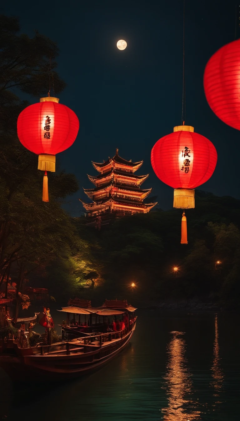 themoon,Moon,There are people on board,Someone is putting Kong Ming lanterns on the river,Ancient buildings next to it