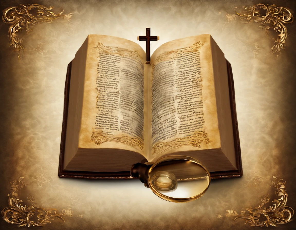 "Por favor, create a high-definition image of the Holy Bible with a magnifying glass that captures the reverence and spiritual significance of this holy book. The image should convey the historical and religious importance of the Bible, apresentando-a de forma digna e respeitosa. Use soft lighting to highlight cover and page details, enfatizando sua textura e envelhecimento, if applicable. Position the Bible in a setting that evokes a sacred environment, como uma prateleira de madeira em uma biblioteca antiga ou um altar iluminado. As cores devem ser sutis e a tipografia, se presente, deve ser elegante e discreta. The image should inspire a sense of reverence and spiritual connection to the words and teachings contained in the Holy Bible."