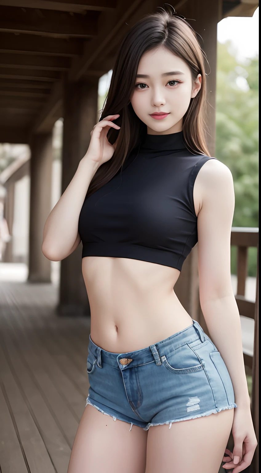 The 8k quality、Top image quality、超A high resolution、masterpiece、Photorealsitic、Raw photography、超A high resolution、21-year-old Korean、small tits、Dynamic angles、Cowboy Shots、smil、Laugh、The most beautiful forms chaos、elegent、Brutalist design、Vibrant colors、a short bob、smil、shiny white skin、Beautiful eyes with random colors、very thin lips、Beautiful eyes in every detail、Beautiful double eyelids、light chestnut hair、a park、Daytime outdoor、Overall、Black crop top、parka、hotpants、shot from a side angle、