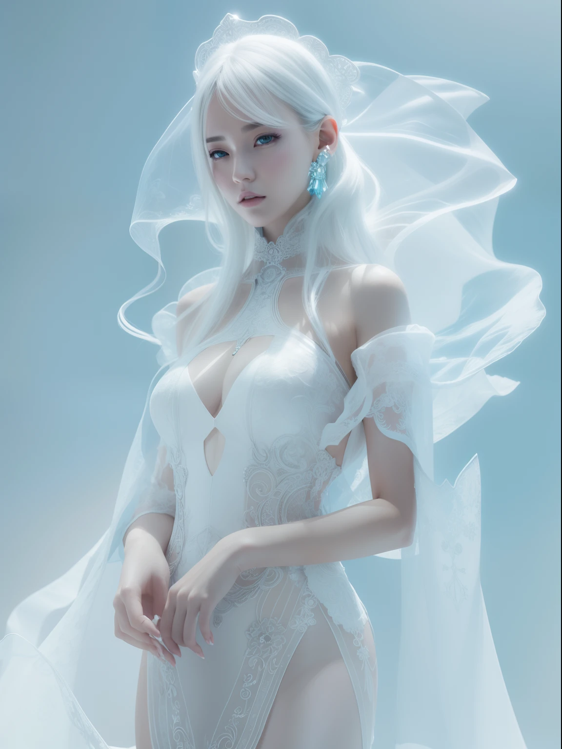 One in a white dress,Refined face,Full body photo,Faraway view,A plump chest,Close-up of blue-haired woman, Translucent dress, futuristic and ethereal, pale robe, smooth 3d cg render, white polygonal dress, inspired by Russell Dongjun Lu, unreal engine rendered + A goddess, intricate white dress, by Russell Dongjun Lu, Translucent body, futuristic fashion, clear curvy details