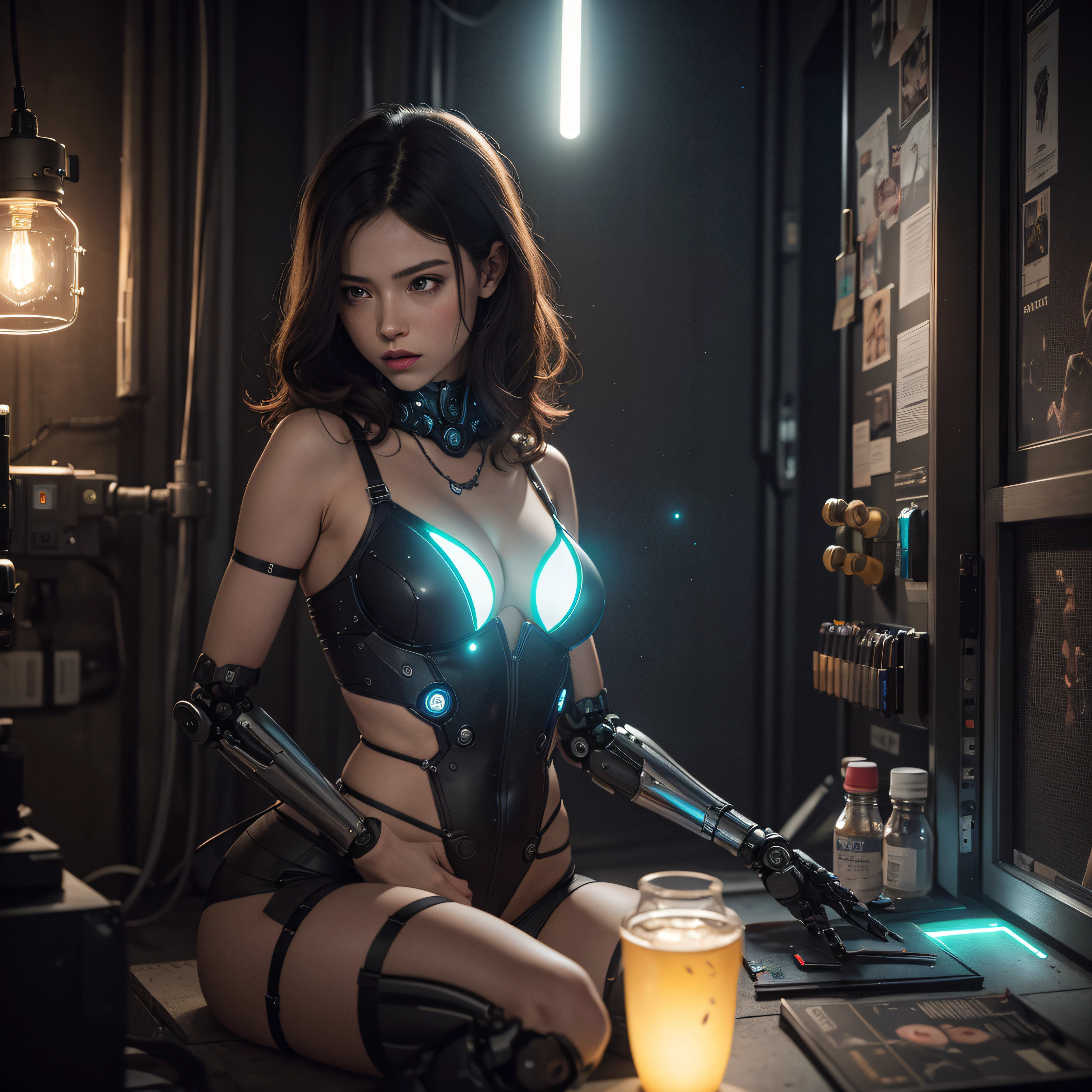 ((calidad superior)), ((obra maestra)), ((realista)), (Los detalles), (fotorrealista:1.5), puppet, marioneta de nadera humanoides tendidos en un piso de concreto, Science-Fiction, HDR, Trazado de rayos, NVIDIA RTX, Los ultra-Highres, Irreal 5, Sub-Surface Scatterring, PBR texturizado, Post-procesamiento, Anisotropic filtering, Profundidad de campos, maximum sharpness and sharpness, Regla de los tercios、8K RAW、(Luminescent Particles:1.4)、(super-detailed CG、Unidad 8k Fondos de pantalla、lighting like a movie、destello de lente、foco nítido、Girl in lingerie on robotic parts, Arte cyberpunk、arquitectura cyberpunk