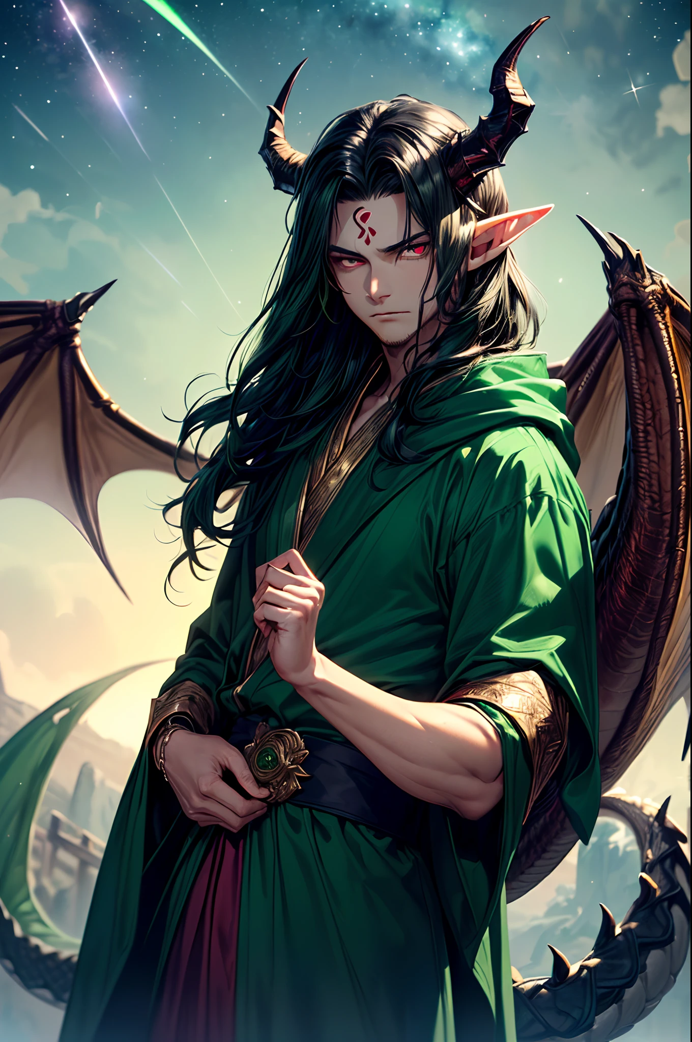 Fine, (Best Illustration), 8k Resolution, Intricate Details, Best Quality, Realistic, Ultra Detailed, Best Lighting, Best Shadows, Ultra HD, ((((Handsome Young Man))), ((age :1.5)), (glowing red eyes), (glowing eyes), ((((long black hair: 1.1))), ((dark green clothes)), (prince (indifferent expression), , (((Wearing high detail luxurious green robe))),, starry night sky, falling meteors, elf ears, ((fair skin)), with dragon horns on forehead, surrounded by giant dragons