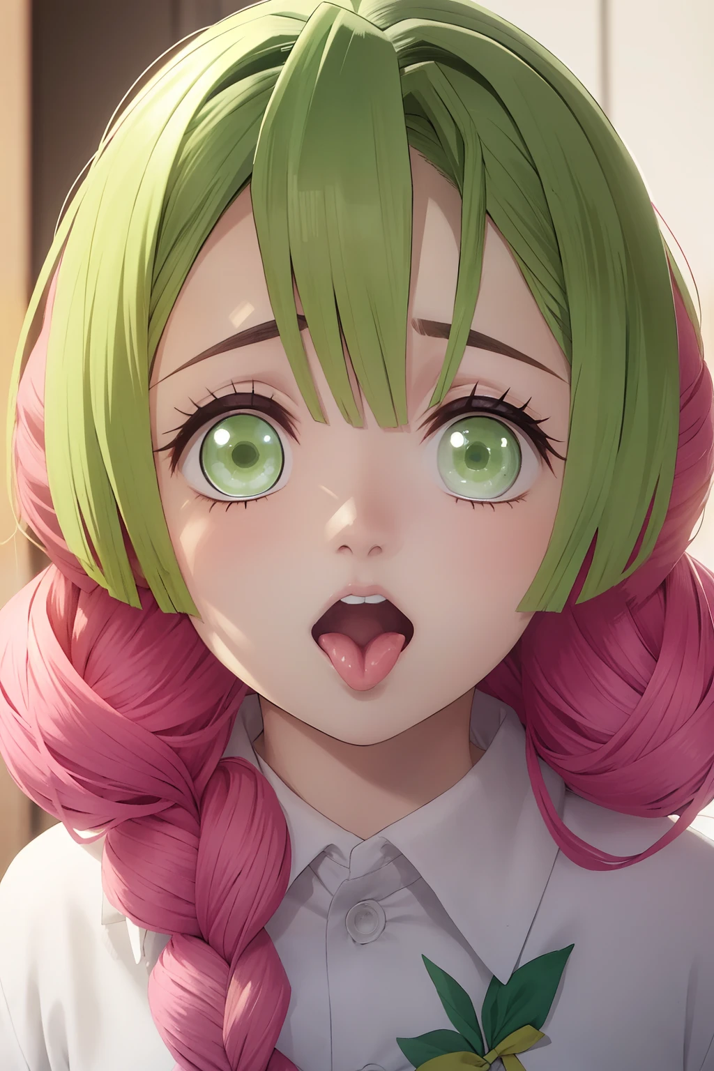 girl1、Kanrojimitsuri A pink-haired、Green hair Green eyes、At the back of the throat、in mouth Acme face、panting、AHE Face、put out the tongue、droolng、Saliva Faces close、Face Close-up、Looking here