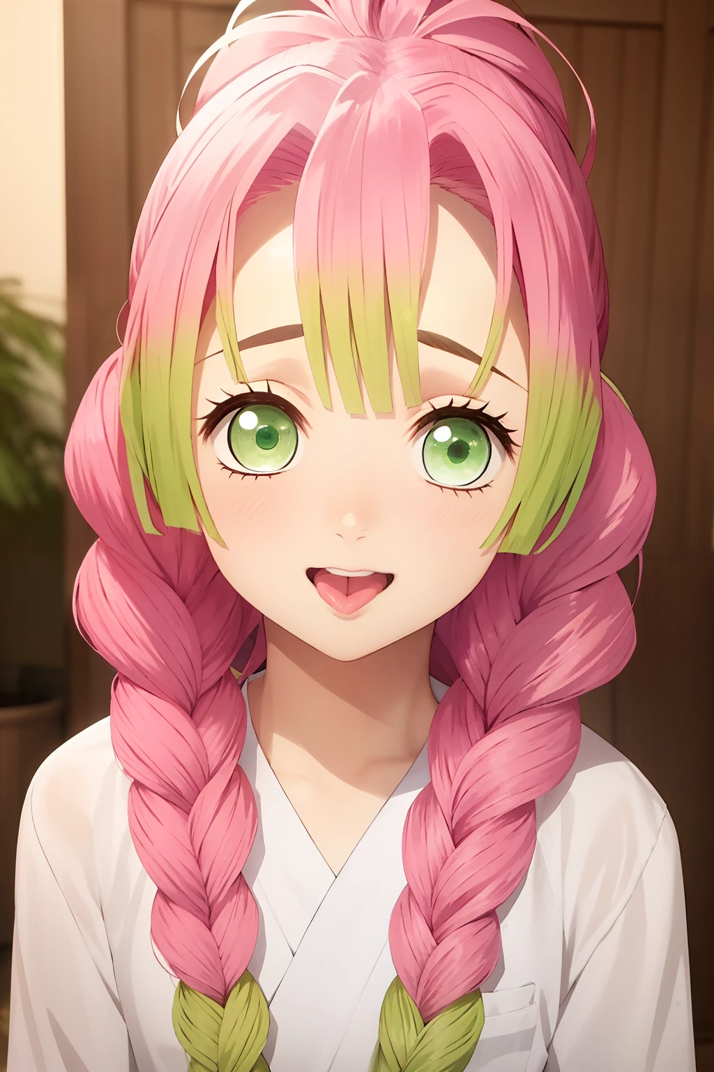 girl1、Kanrojimitsuri　A pink-haired、Green hair　Green eyes、At the back of the throat、in mouth　Acme face、panting、AHE Face、put out the tongue、droolng、Saliva　Faces close、Face Close-up、Looking here