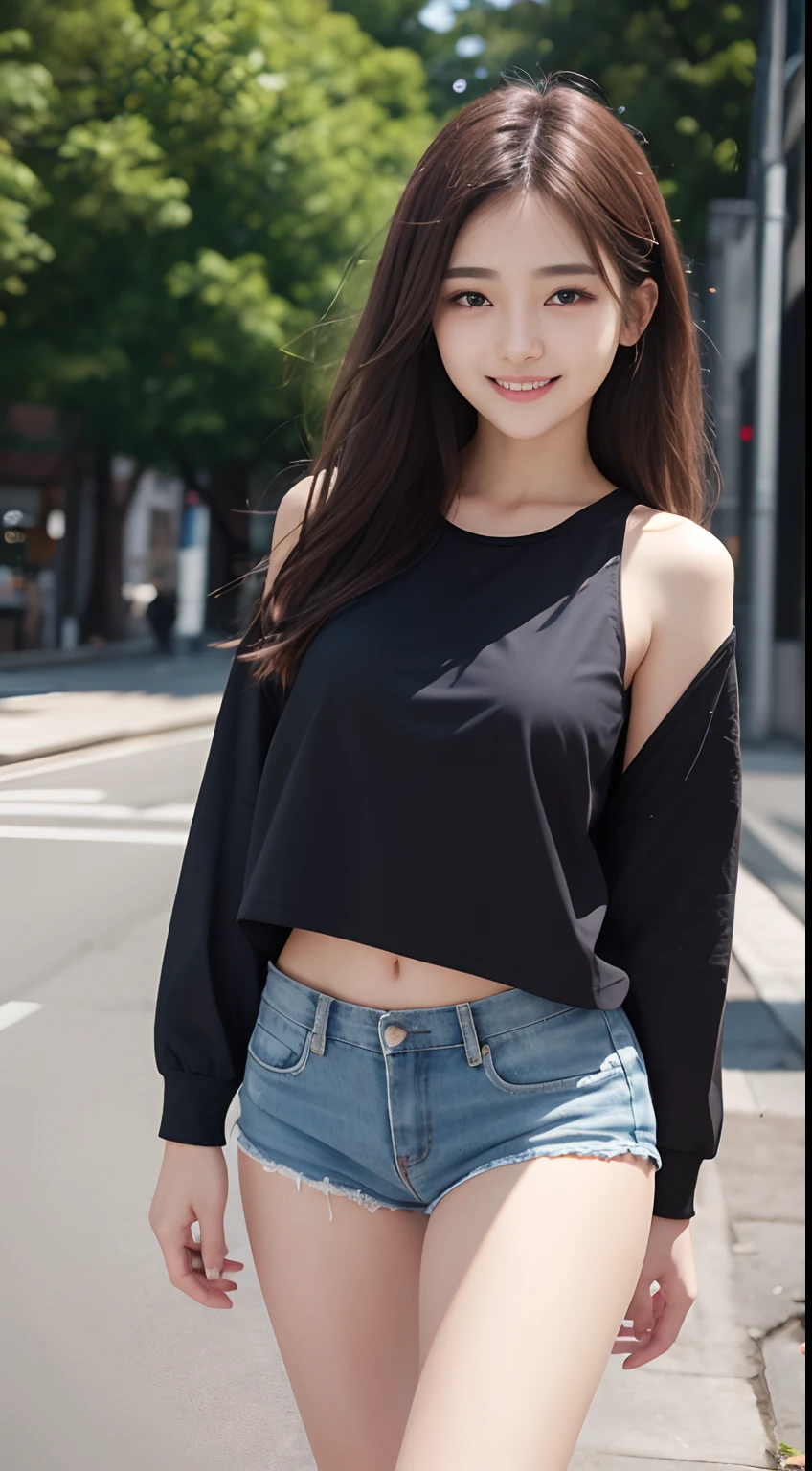 The 8k quality、Top image quality、超A high resolution、masterpiece、Photorealsitic、Raw photography、超A high resolution、21-year-old Korean、small tits、Dynamic angles、Cowboy Shots、smil、Laugh、The most beautiful forms chaos、elegent、Brutalist design、Vibrant colors、a short bob、smil、shiny white skin、Beautiful eyes with random colors、very thin lips、Beautiful eyes in every detail、Beautiful double eyelids、light chestnut hair、a park、Daytime outdoor、Overall、Black crop top、parka、hotpants、shot from a side angle、