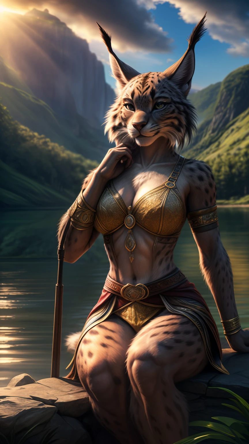 (A woman's face with)beautiful detail eyes, (pa)beautiful detailed lips, (A woman with)Extremely detailed eyes and face, long eyelashes, (The woman) with a seductive fitness body, (a) grey fur, (with) Lynx ears, (em) seductive position, (em) River pier, (wearing) fantasy clothes, (character) fishing. (Best Quality,4k,8K,hight resolution,Masterpiece:1.2), Ultra-detailed, (Realistic,Photorealistic,photo-realistic:1.37), HDR, UHD, Sunlight, ultra-fine painting, physical based rendering, extreme detail description, Professional, Vivid colors, bokeh, (em) full-length portrait, landscape, photografic, Concept Artists (style of), (with a) vibrant color palette, (pa) soft-lighting.