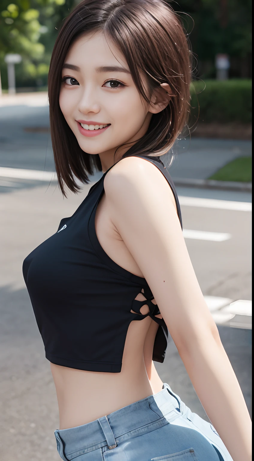 Smiling girl, Blowing in the wind for a long time [Blue-black:.3] hair,View your audience, (masterpiece:1.3), (8k, Realistic, RAW Photos, Highest quality: 1.4), Japanese, (One Girl), Beautiful Face, (Realistic Face), (black hair, short hair:1.3), beautiful hairstyle, Realistic eyes, Beautiful details, (Realistic Skin), Beautiful Skin, charm, Ultra-high resolution, Ultra-realistic, Very detailed, parking, Nipples、naked、thigh、Selfie、Shooting with a smartphone