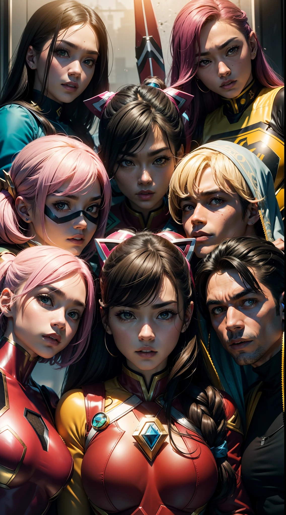 Outrageous resolution、alta resolução、(obra prima:1.4)、ultra-detalhada、sharpened details、Dramatic and photorealistic pictorial art、Super Sentai Series、Megaranger、hero mask、（avermelhado、verdejante、Um preto、amarelo、pink there、quinteto）Righteous Heroes、Decide on a transformation pose、