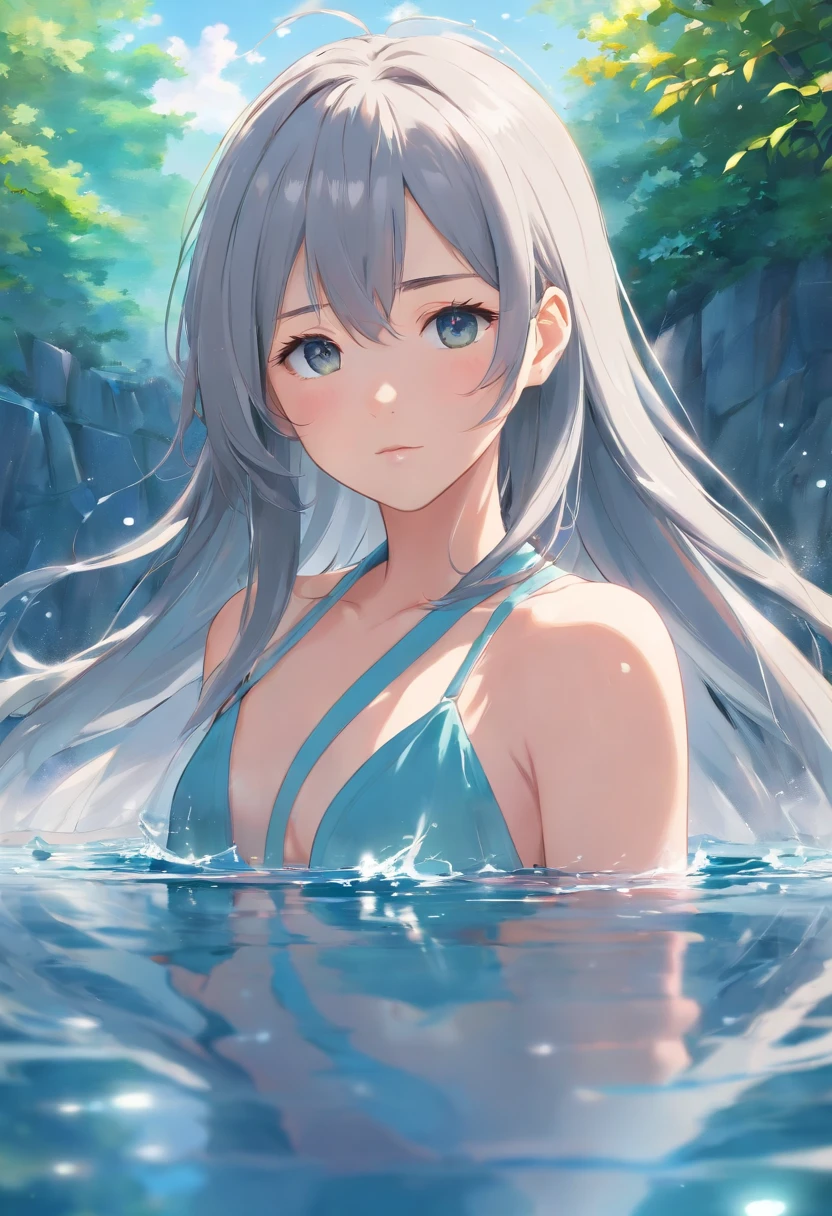 Japanese style,Young gray hair,Glossy long hair, Flowing hair,white colors、Archaic background、backs、The whole body is reflected、Reflecting on water、waterface、mystical、Very delicate eyes