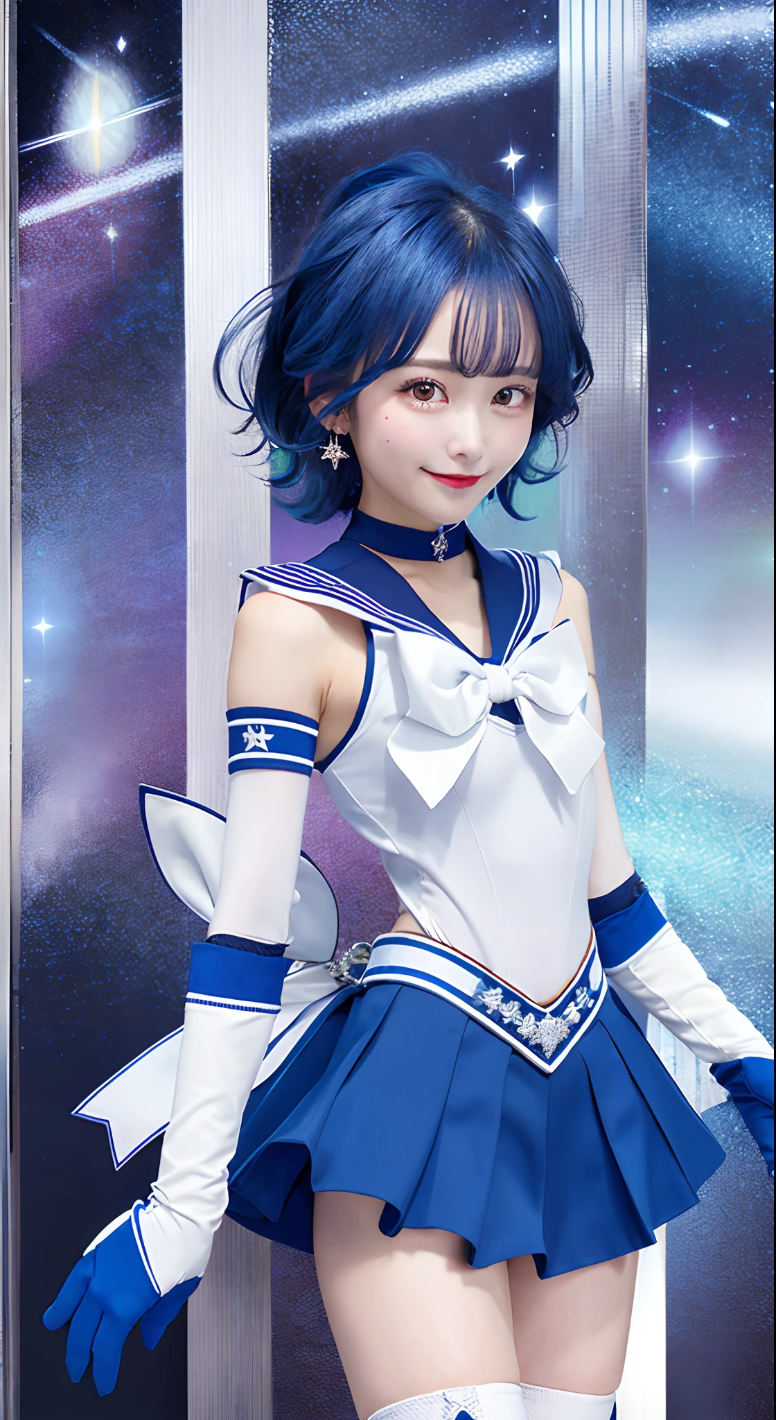 ​masterpiece, top-quality, Hi-Res, Mer1, tiarra, Sailor Senshi Uniform, Blue sailor color, the bow, knee boots, a choker, white glove, Blue choker, elbowgloves, jewely, 耳Nipple Ring, a blue skirt, cowboy  shot, is standing, spaces_Background、mercury、A smile,Sailor Mercury,look at viewr,A smile、blue hairs