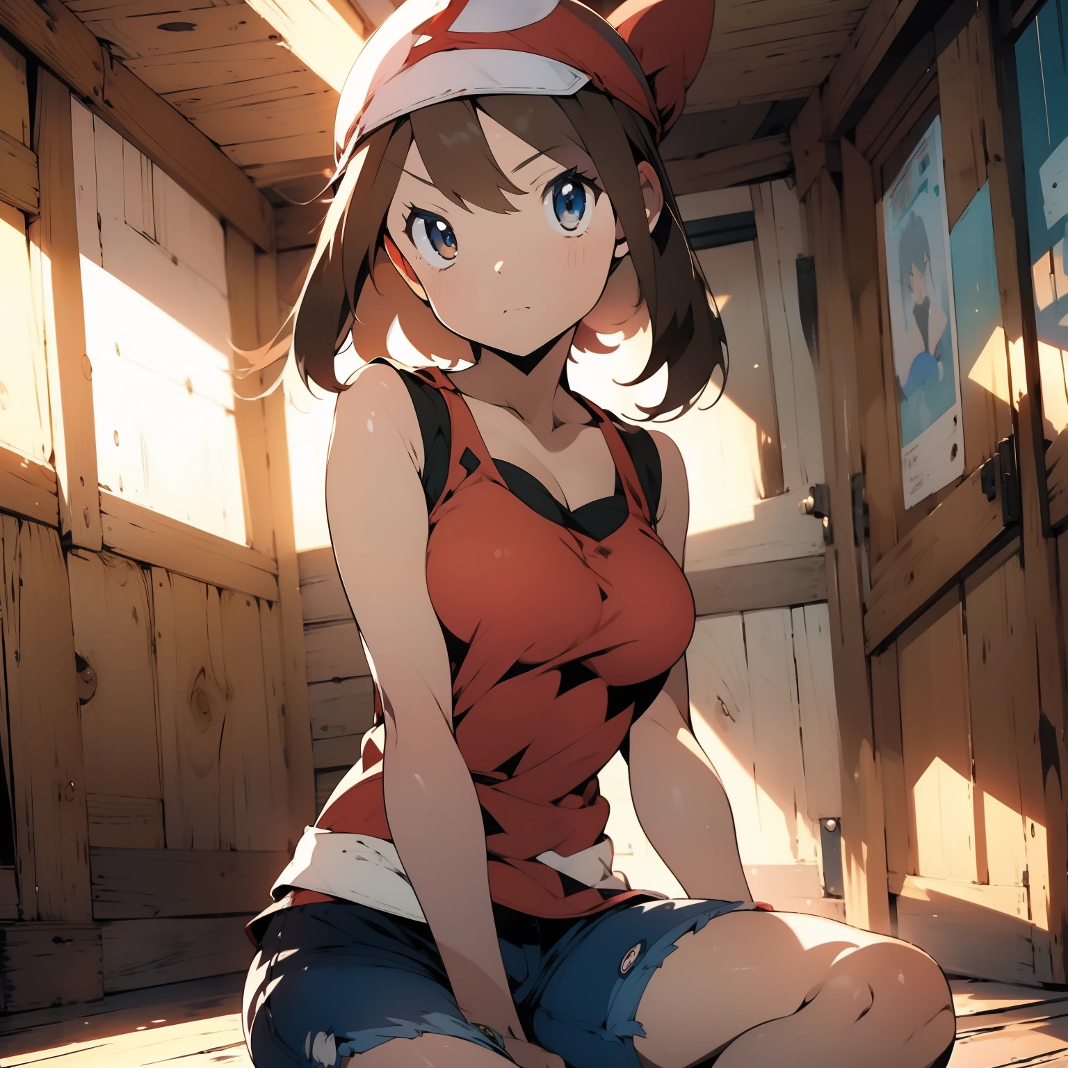 (masterpiece, best quality), cowboy shot , 1girl, indoors, beautiful, medium tits, gorgeous, expressive eyes, perfect face, May_pokemon, may from pokemon,
short brown hair, red bandana, red tank-top, white denim shorts, sitting on floor, 
detailed eyes,