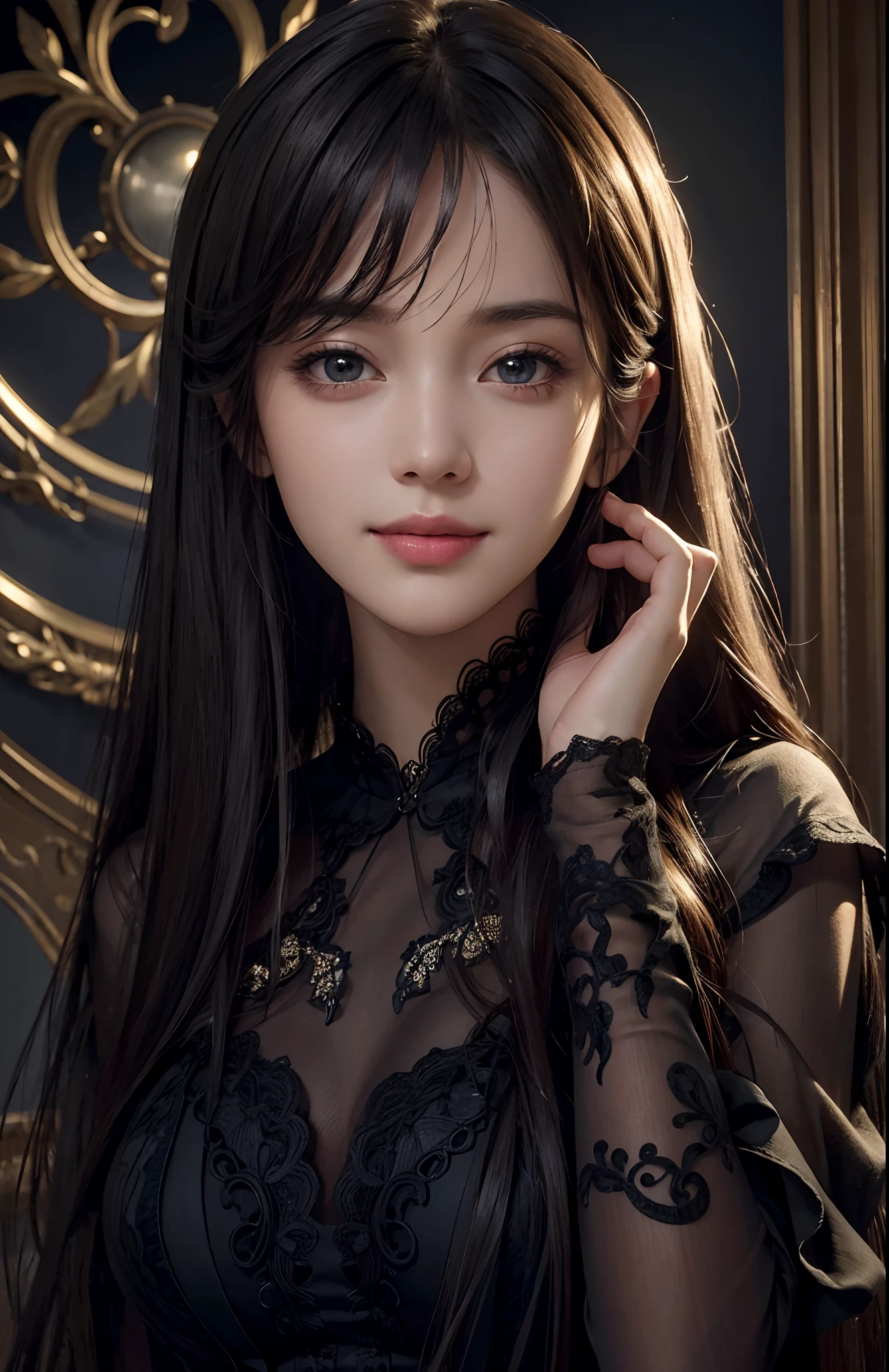 (Ultra Realistic), (Illustration), (Increased Resolution), (8K), (Extremely Detailed), (Best Illustration), (Beautiful and Detailed Eyes), (Best Quality), (Ultra Detailed), (Masterpiece ), ( wallpaper), (detailed face), solo, 1 girl, looking at viewer, fine details, detailed face, in the dark, deep shadows, low key, pureerosfaceace_v1, smiling, long hair, black shawl straight hair , 46 points oblique bangs, sly smile