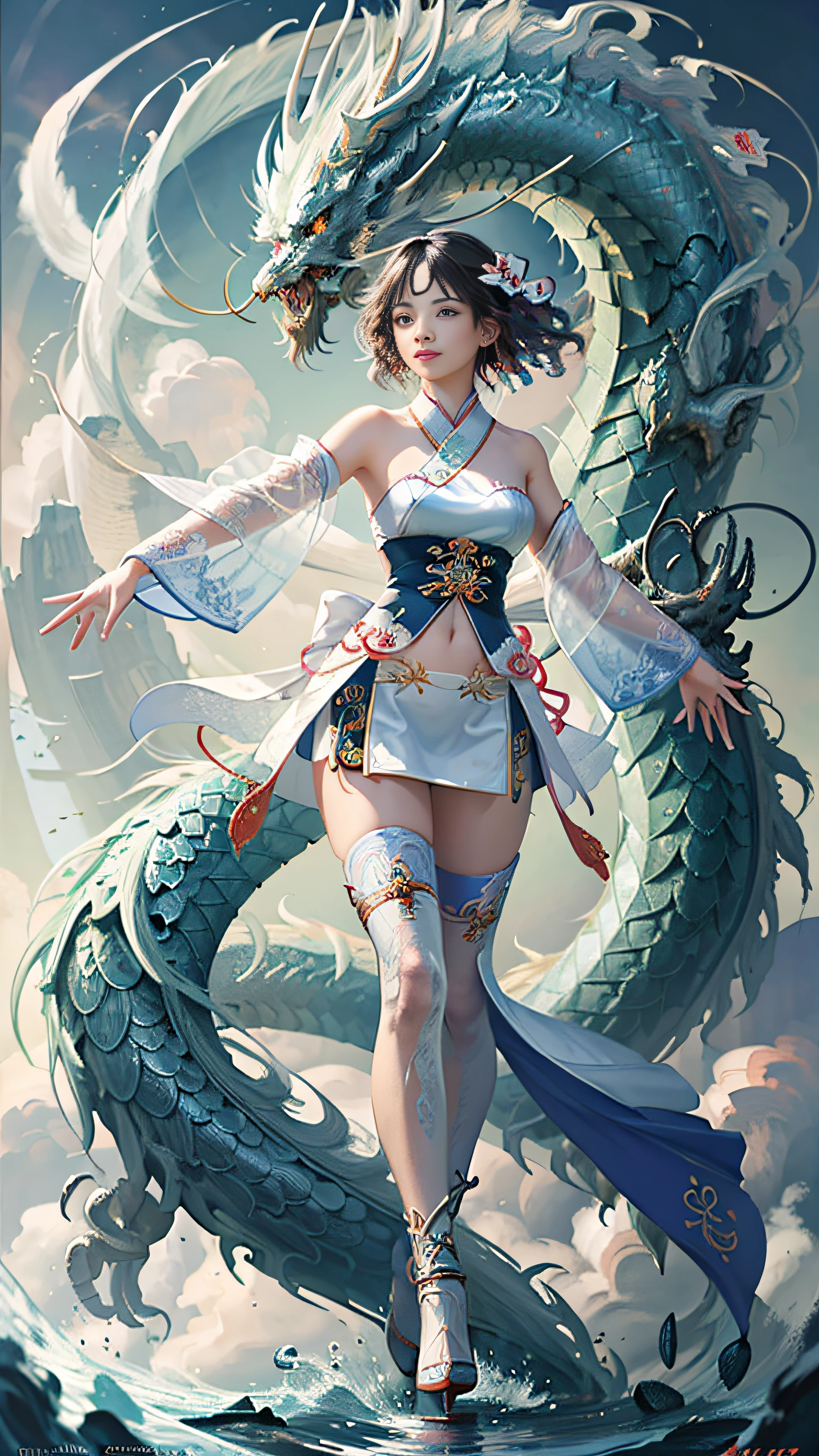 Official Art, Unified 8K Wallpapers, Ultra Detailed, Beautiful and Aesthetic, Masterpiece, Best Quality, (Zentangle, Tangle, Entangle), (fractal art: 1.4), (character center: 1.3), 1girl, black hair, Chinese, off-the-shoulders, short skirt, calf, navel, very detailed, dynamic angle, cowboyshot, (most beautiful form of chaos), ethereal, (bright colors), oc, (half: 1.2), china, (thangka flying sky: 1.5), (ribbon: 1.3), (dream: 1.5), (hanfu: 1.5), Chinese dragon, Chinese phoenix, (smile: 0.5), ( Chinese deities),