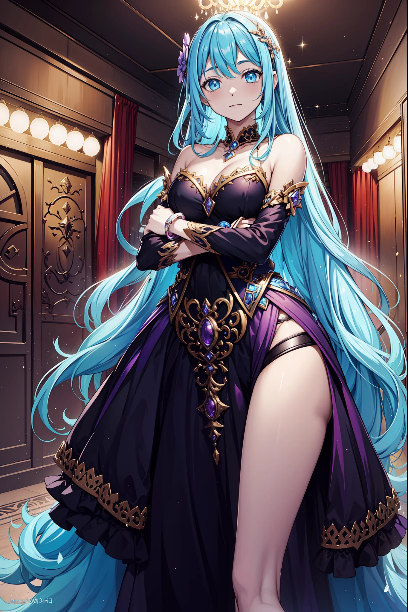 milf, 30 years old, (highres, masterpiece:1.2), (blue dress, purple dress, red dress), white hair, robe, (large breasts), thick thighs, standing, pelvic curtain, tiara, thighhighs, v-neck, strapless dress, blue eyes, expressionless, long hair, (layered dress, elaborate clothing, detailed clothing, detailed dress), castle in background, blue dress, cape, smile