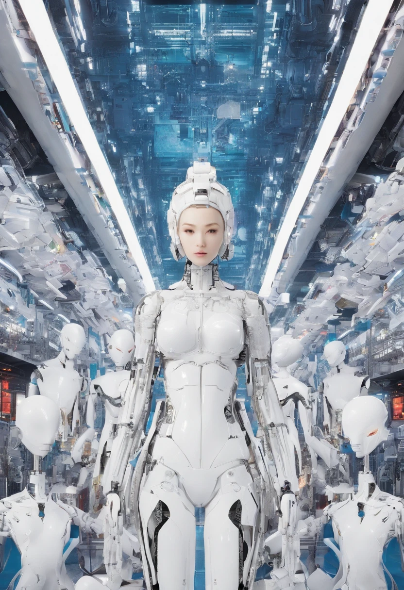 there are many mannequins lined up in a row, highly detailed vfx scene, white biomechanical details, darren aronofsky, human computer, large arrays, portrait of female android, artificial intelligence logo, human female, bluray image, anthropomorphic female, cycles engine --ar 16:9