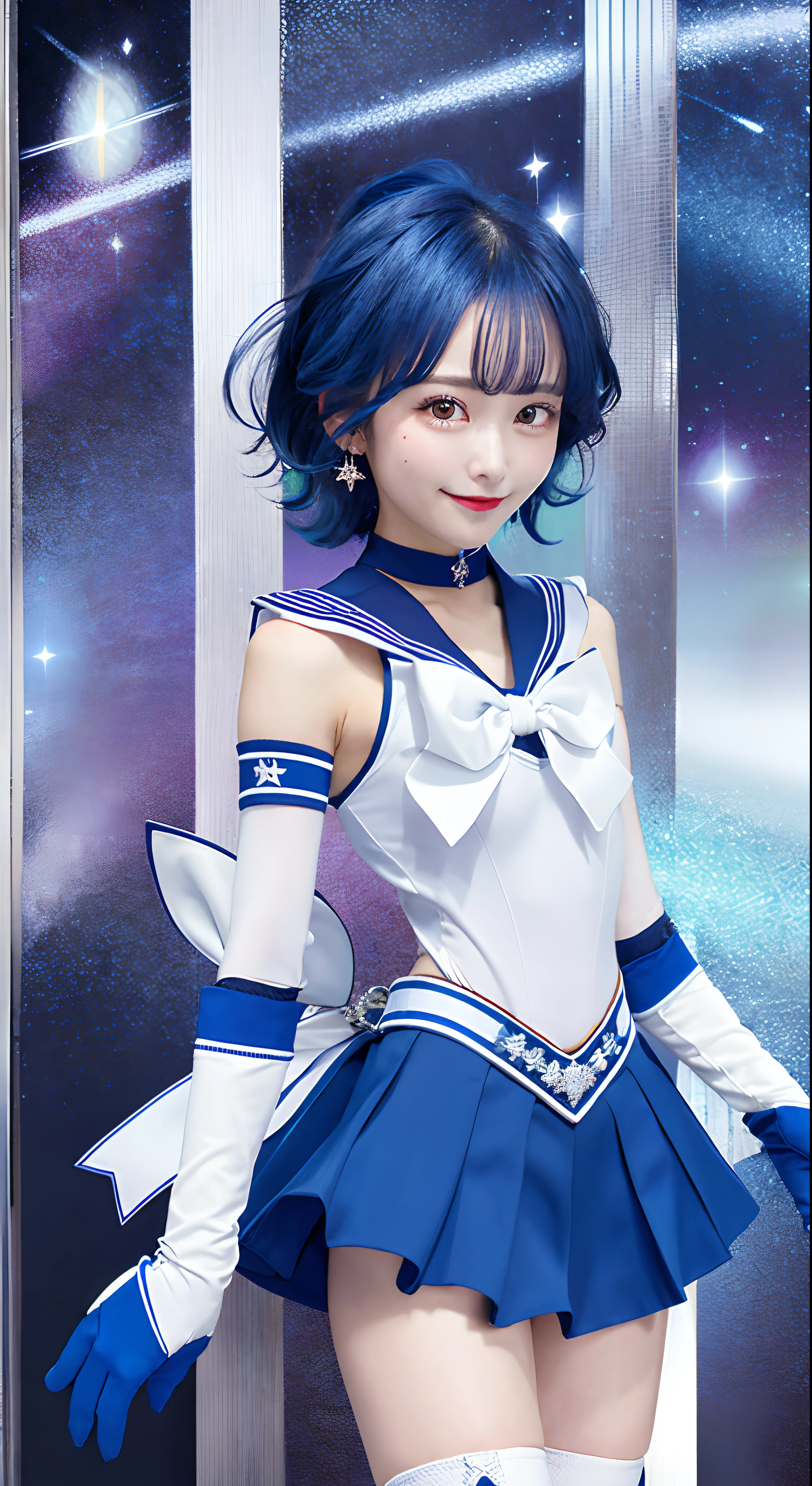 ​masterpiece, top-quality, Hi-Res, Mer1, tiarra, Sailor Senshi Uniform, Blue sailor color, the bow, knee boots, a choker, white glove, Blue choker, elbowgloves, jewely, 耳Nipple Ring, a blue skirt, cowboy  shot, is standing, spaces_Background、mercury、A smile,Sailor Mercury,look at viewr,A smile、blue hairs