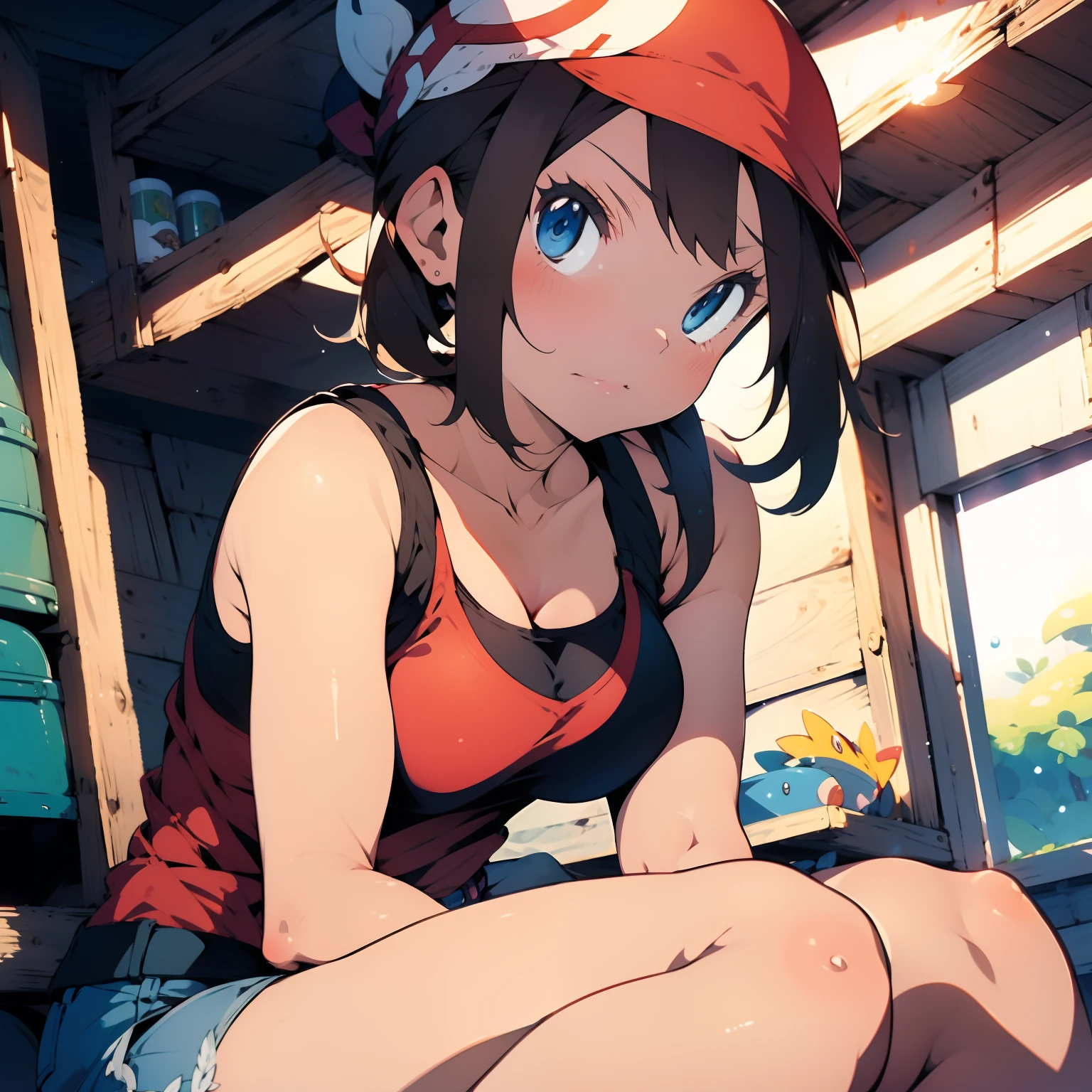 (masterpiece, best quality), cowboy shot , 1girl, indoors, beautiful, medium tits, gorgeous, expressive eyes, perfect face, May_pokemon, may from pokemon,
short brown hair, red bandana, red tank-top, white denim shorts, sitting on floor, 
detailed eyes,